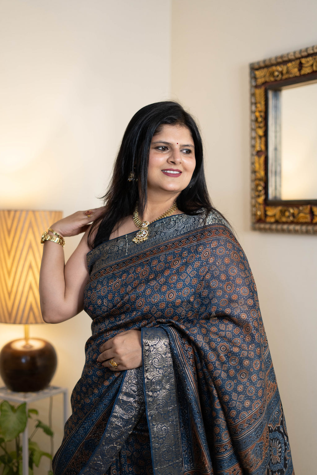 Ajrak Chanderi Silk Saree for Women – Navy Blue Ajrakh Print with Antique Silver-Copper Zari Border | Premium Soft Chanderi Silk Saree