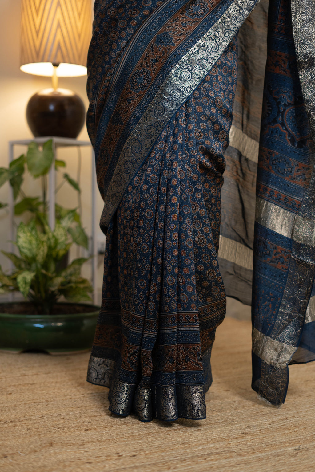 Ajrak Chanderi Silk Saree for Women – Navy Blue Ajrakh Print with Antique Silver-Copper Zari Border | Premium Soft Chanderi Silk Saree