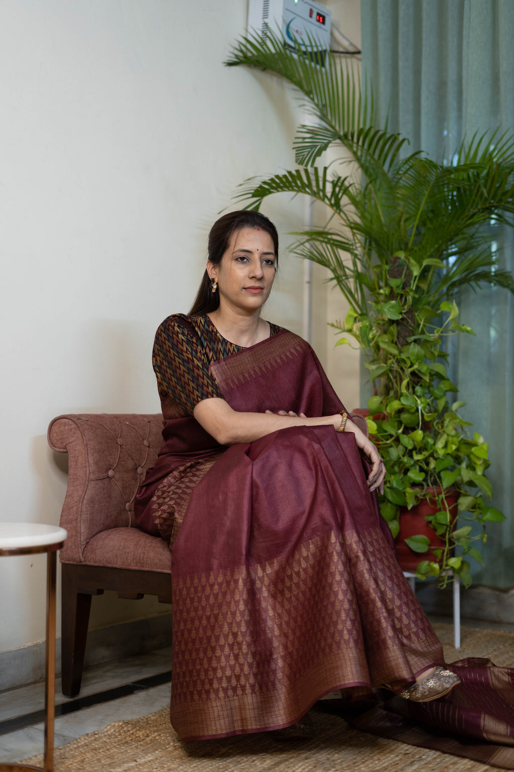 Soft Silk Saree for Women – Wine Maroon with Matte Gold Woven Border | Elegant Semi-Kanjivaram Silk Saree