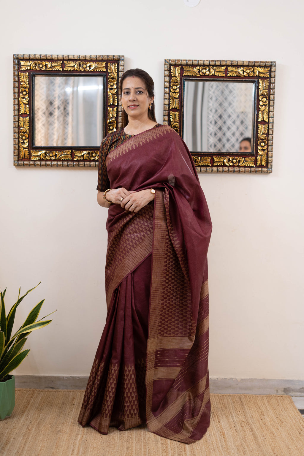 Soft Silk Saree for Women – Wine Maroon with Matte Gold Woven Border | Elegant Semi-Kanjivaram Silk Saree