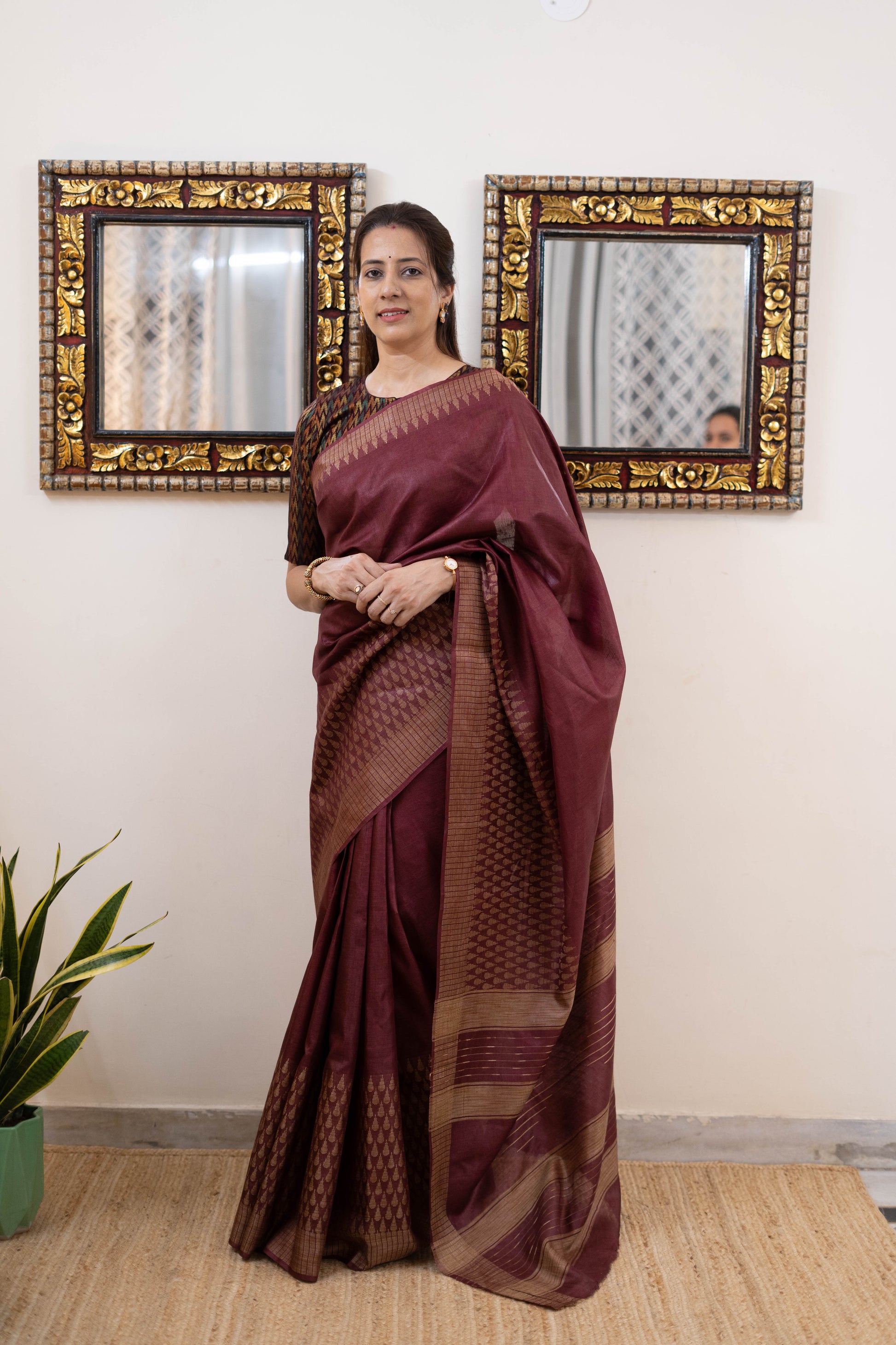 Soft Silk Saree for Women – Wine Maroon with Matte Gold Woven Border | Elegant Semi-Kanjivaram Silk Saree