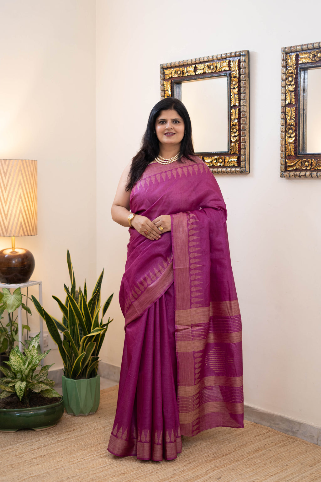 Soft Silk Saree for Women – Rani Pink with Matte Gold Woven Border | Elegant Semi-Kanjivaram Silk Saree