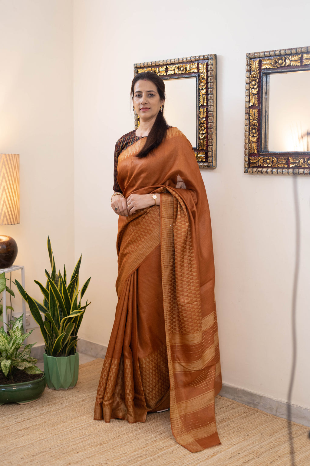 Soft Silk Saree for Women – Copper Brown with Matte Gold Woven Border | Traditional Semi-Kanjivaram Silk Saree