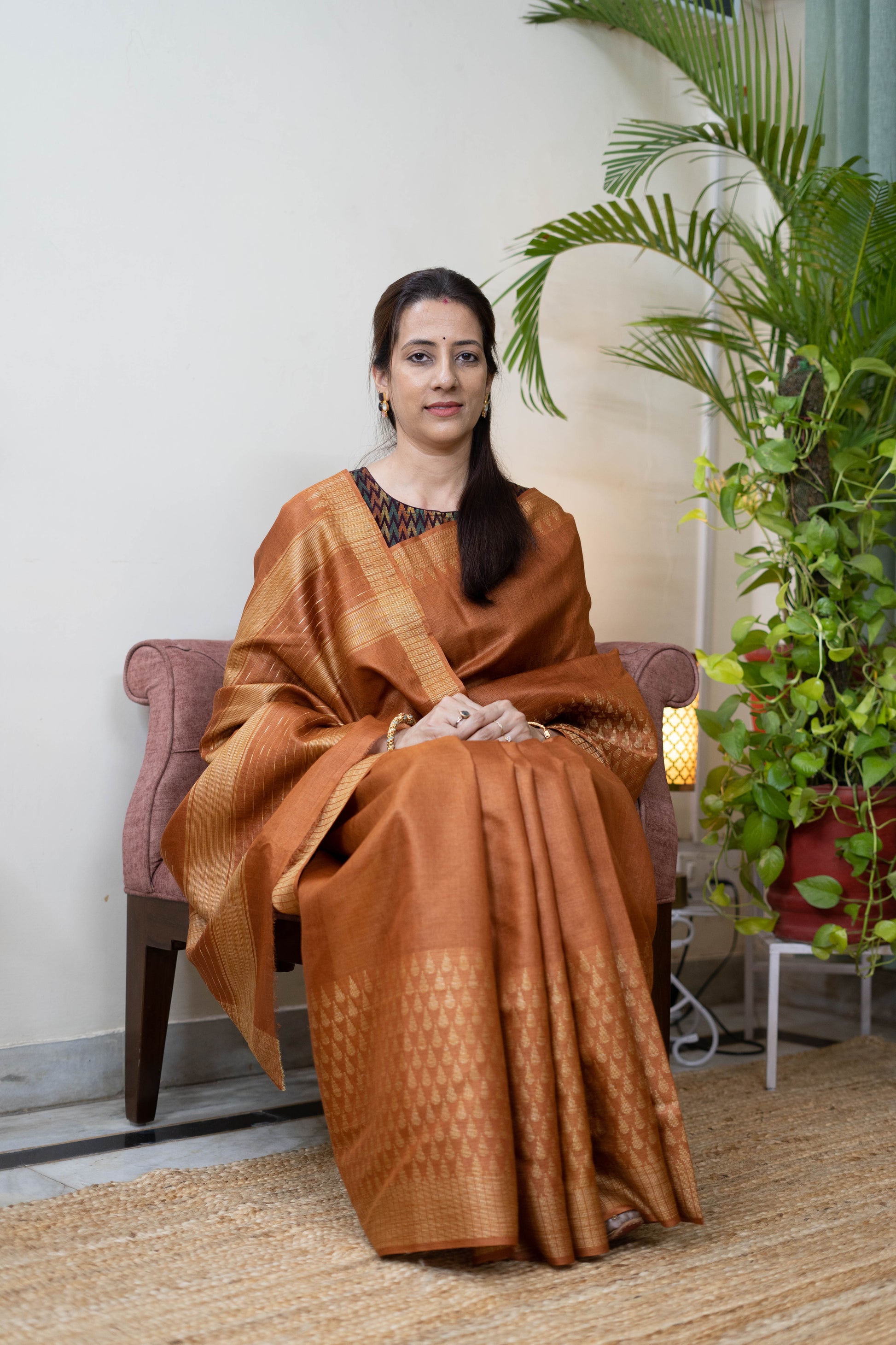 Soft Silk Saree for Women – Copper Brown with Matte Gold Woven Border | Traditional Semi-Kanjivaram Silk Saree