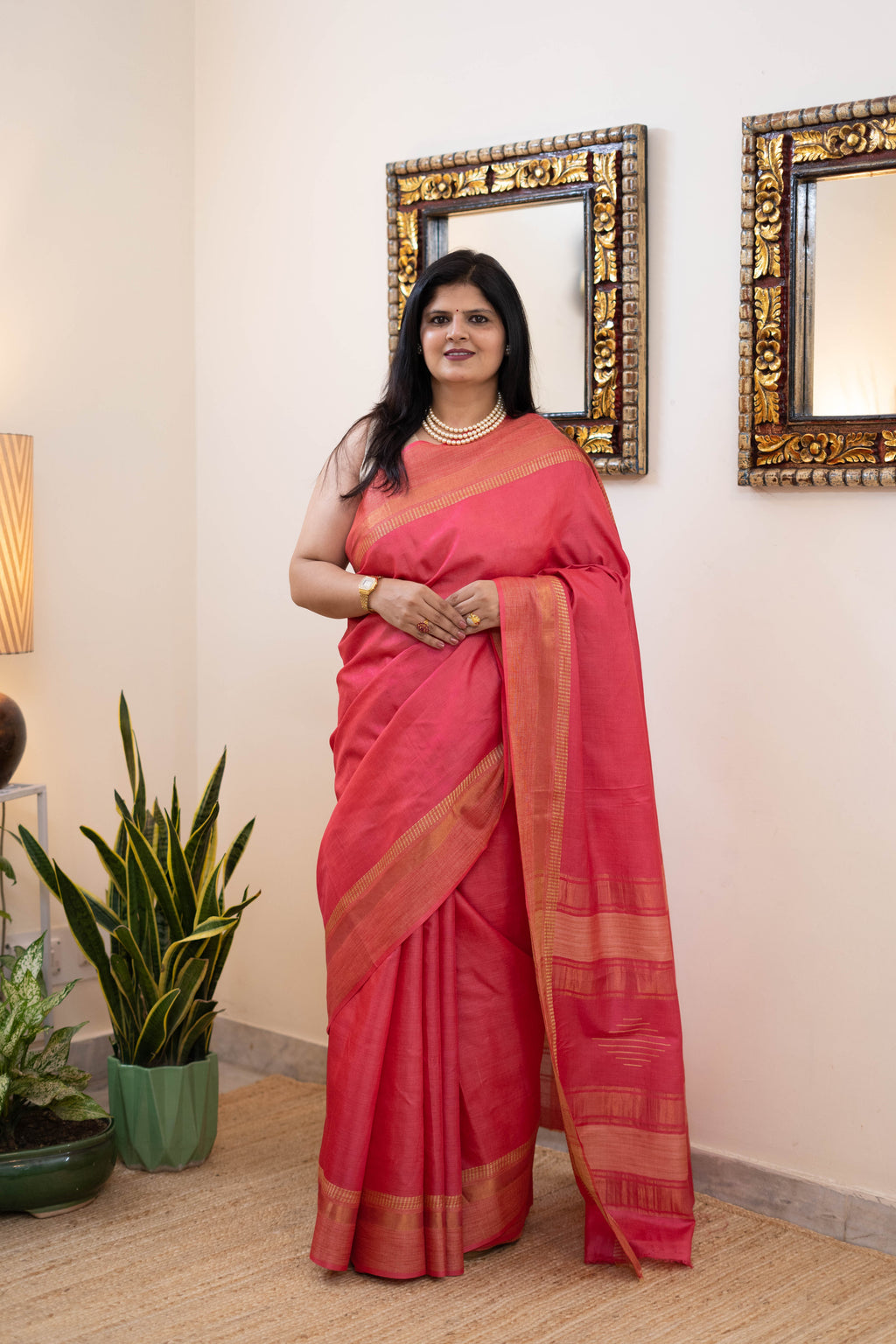 Handloom Pure Silk Saree in Rani Pink with Zari Border & Minimal Booti Design