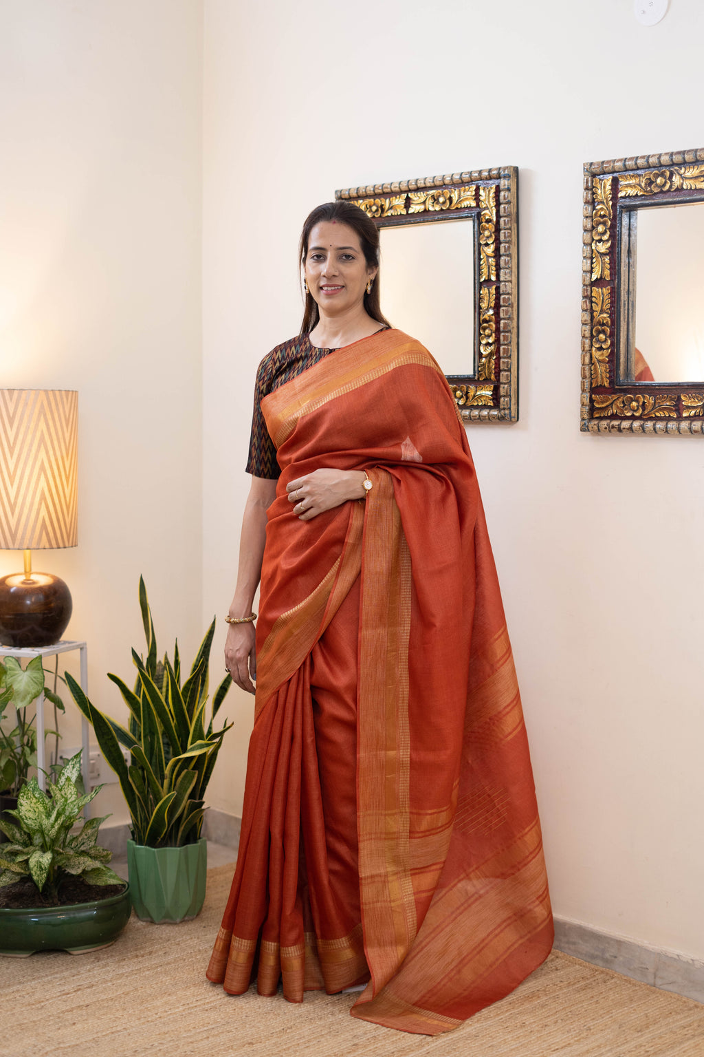 Handloom Pure Silk Saree in Burnt Orange with Golden Zari Border