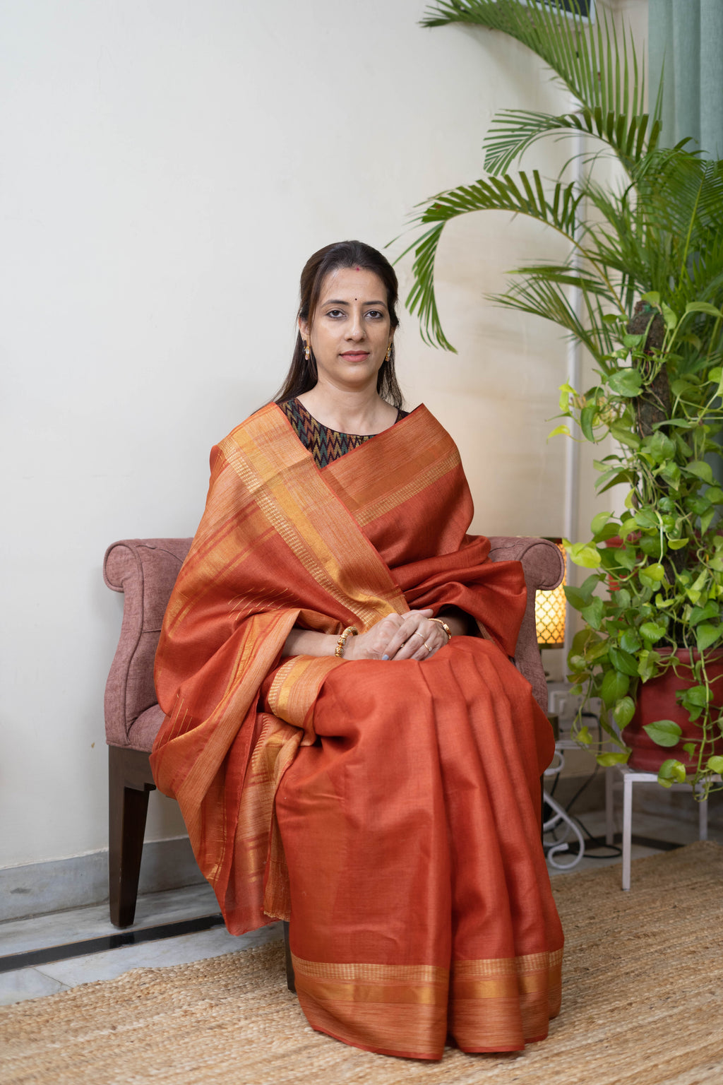 Handloom Pure Silk Saree in Burnt Orange with Golden Zari Border