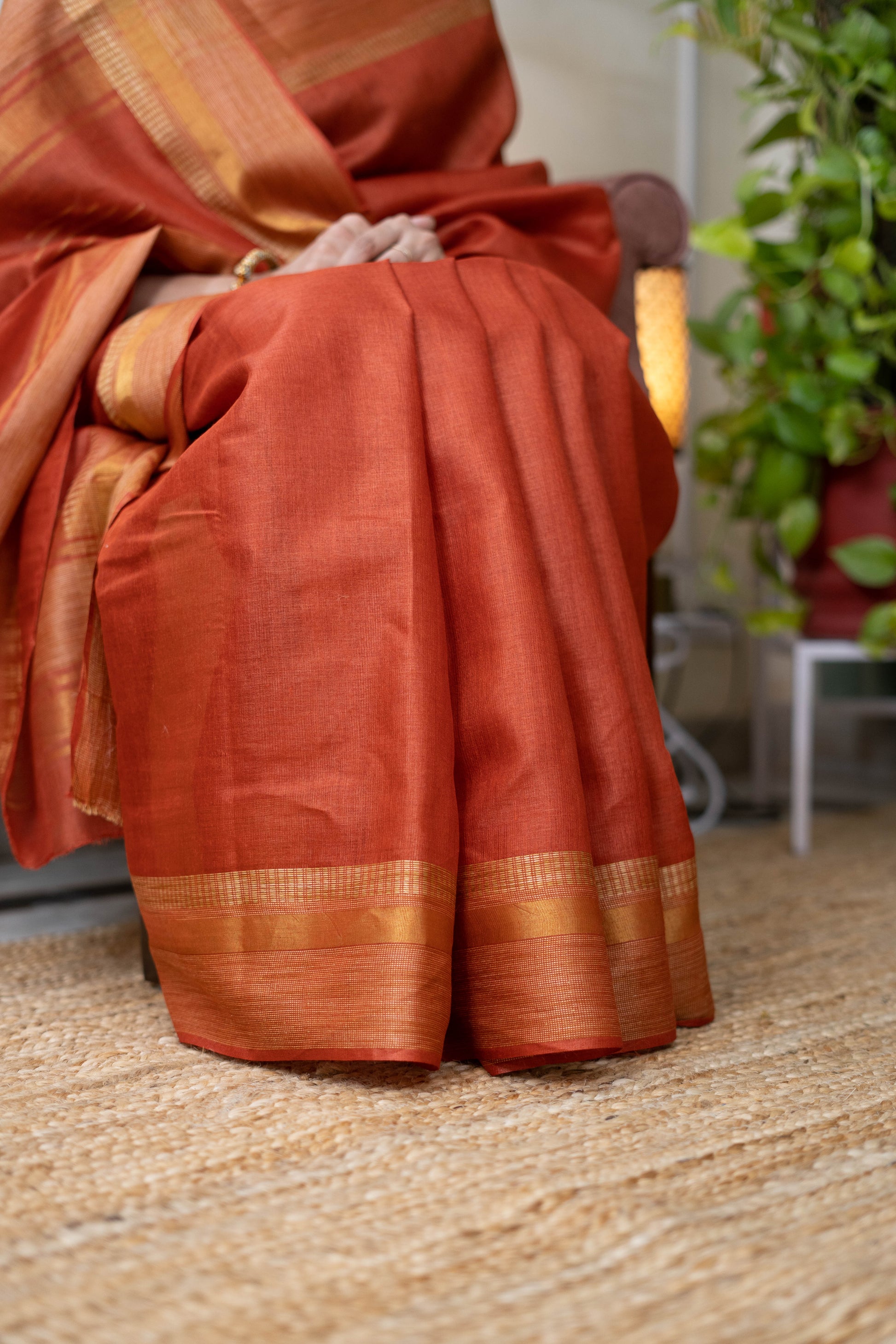 Handloom Pure Silk Saree in Burnt Orange with Golden Zari Border