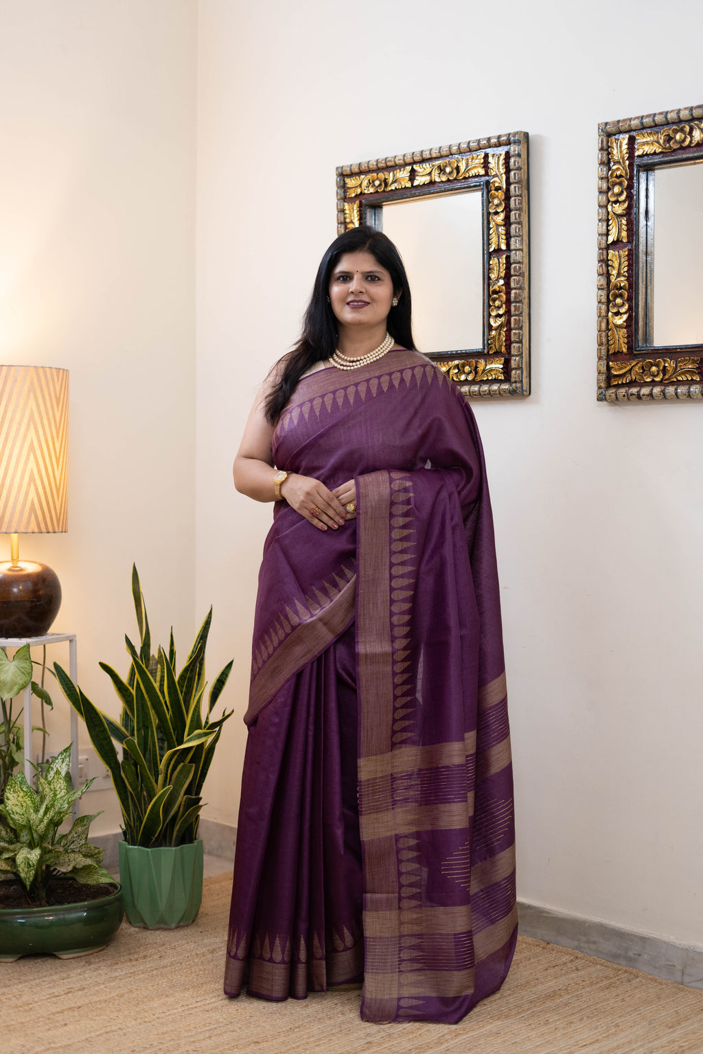 Handloom Pure Silk Saree in Deep Plum Purple with Golden Zari Border