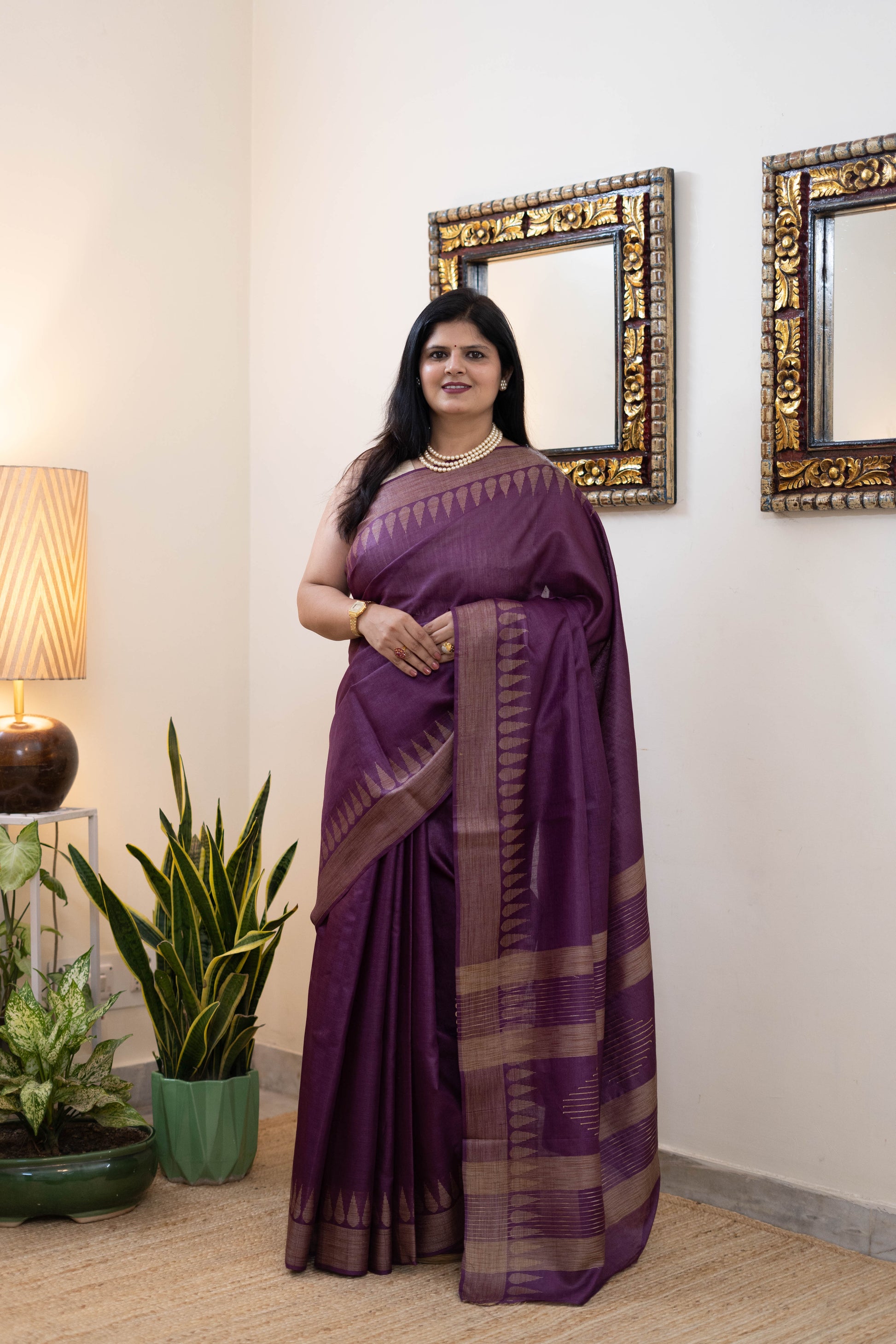 Handloom Pure Silk Saree in Deep Plum Purple with Golden Zari Border