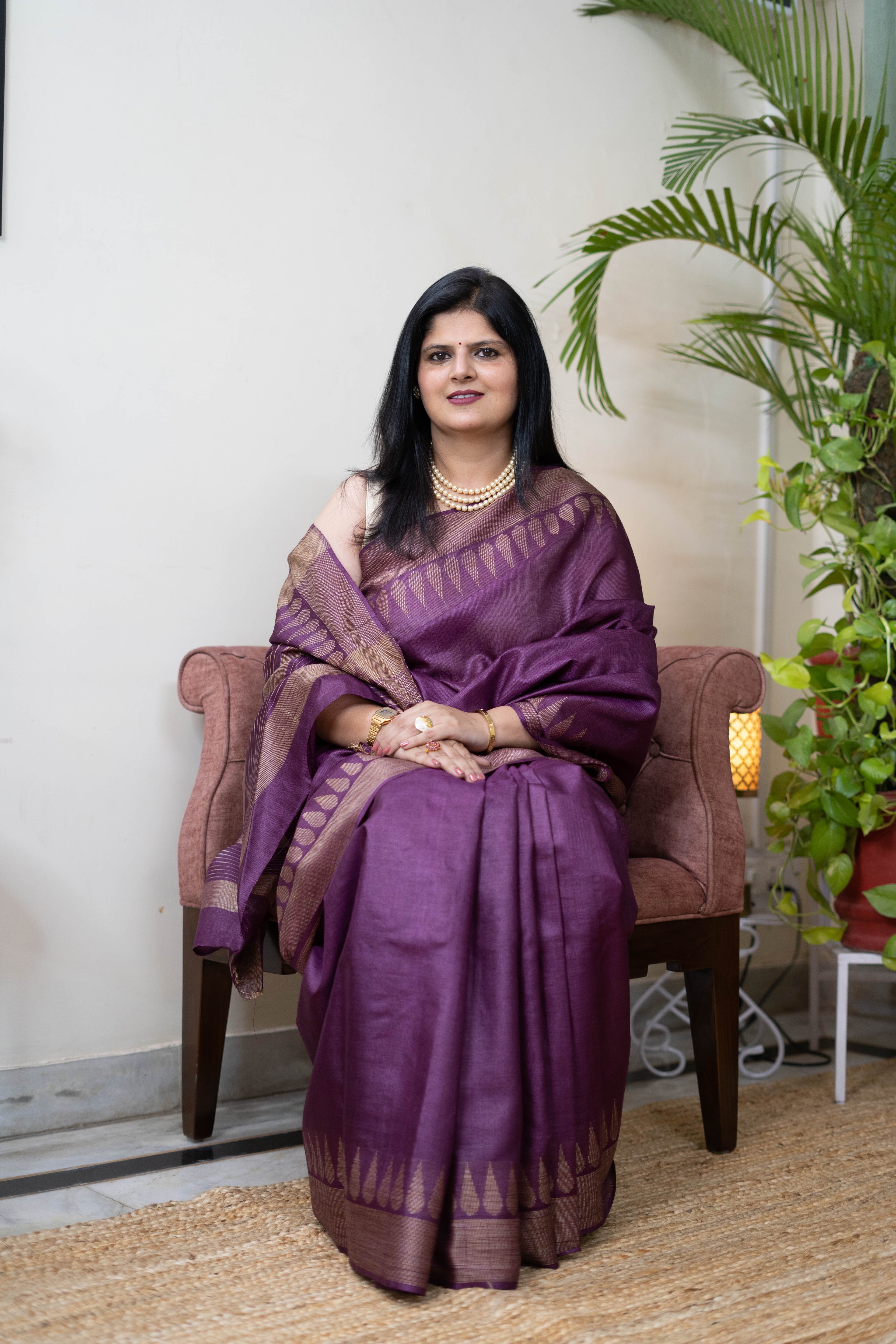 Handloom Pure Silk Saree in Deep Plum Purple with Golden Zari Border