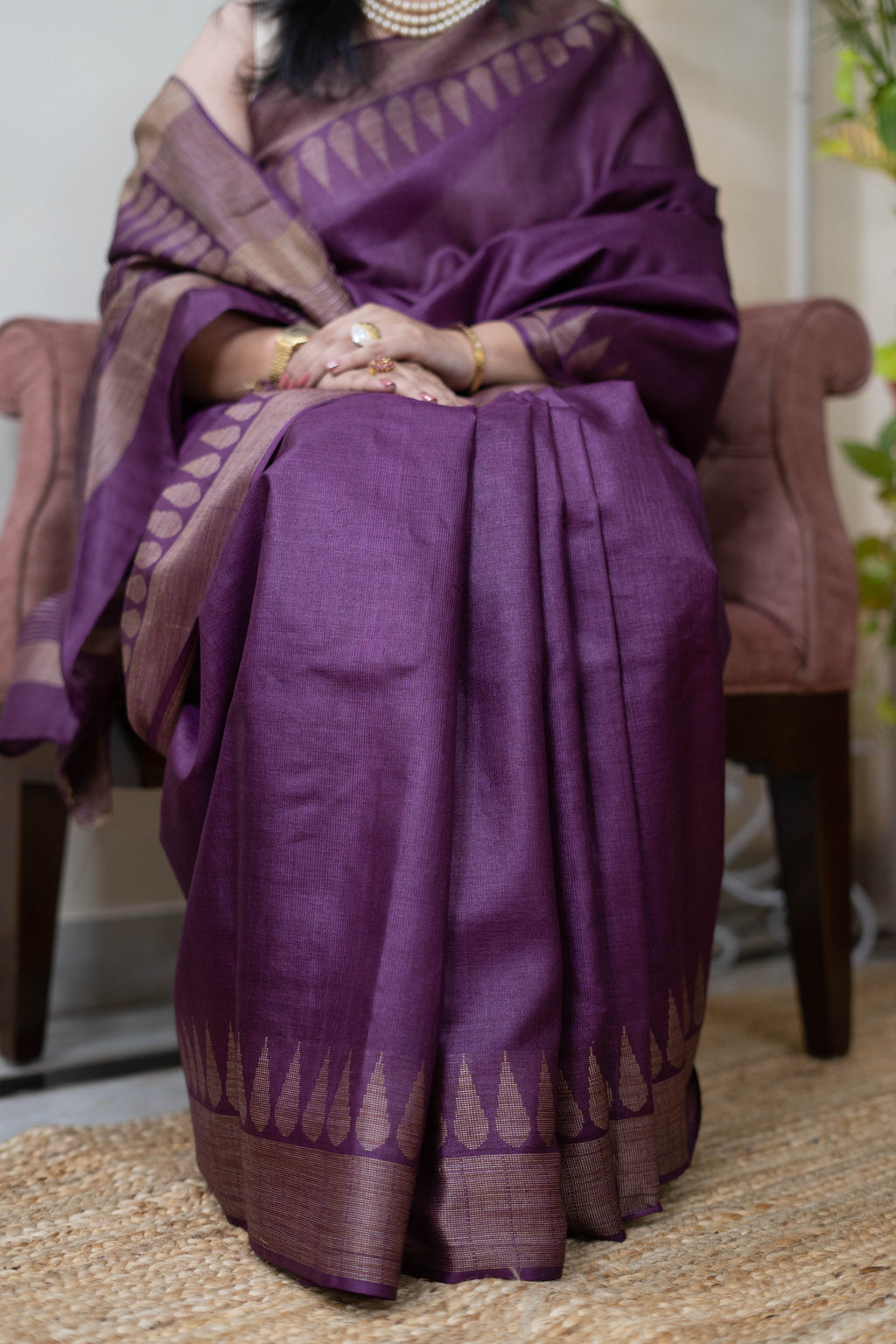 Handloom Pure Silk Saree in Deep Plum Purple with Golden Zari Border