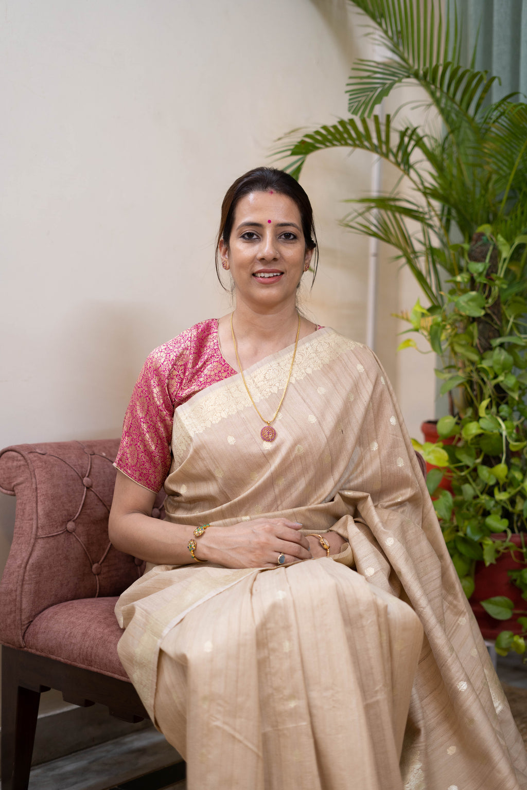 Champagne Beige Handloom Tissue Silk Saree with Golden Zari Butta & Border