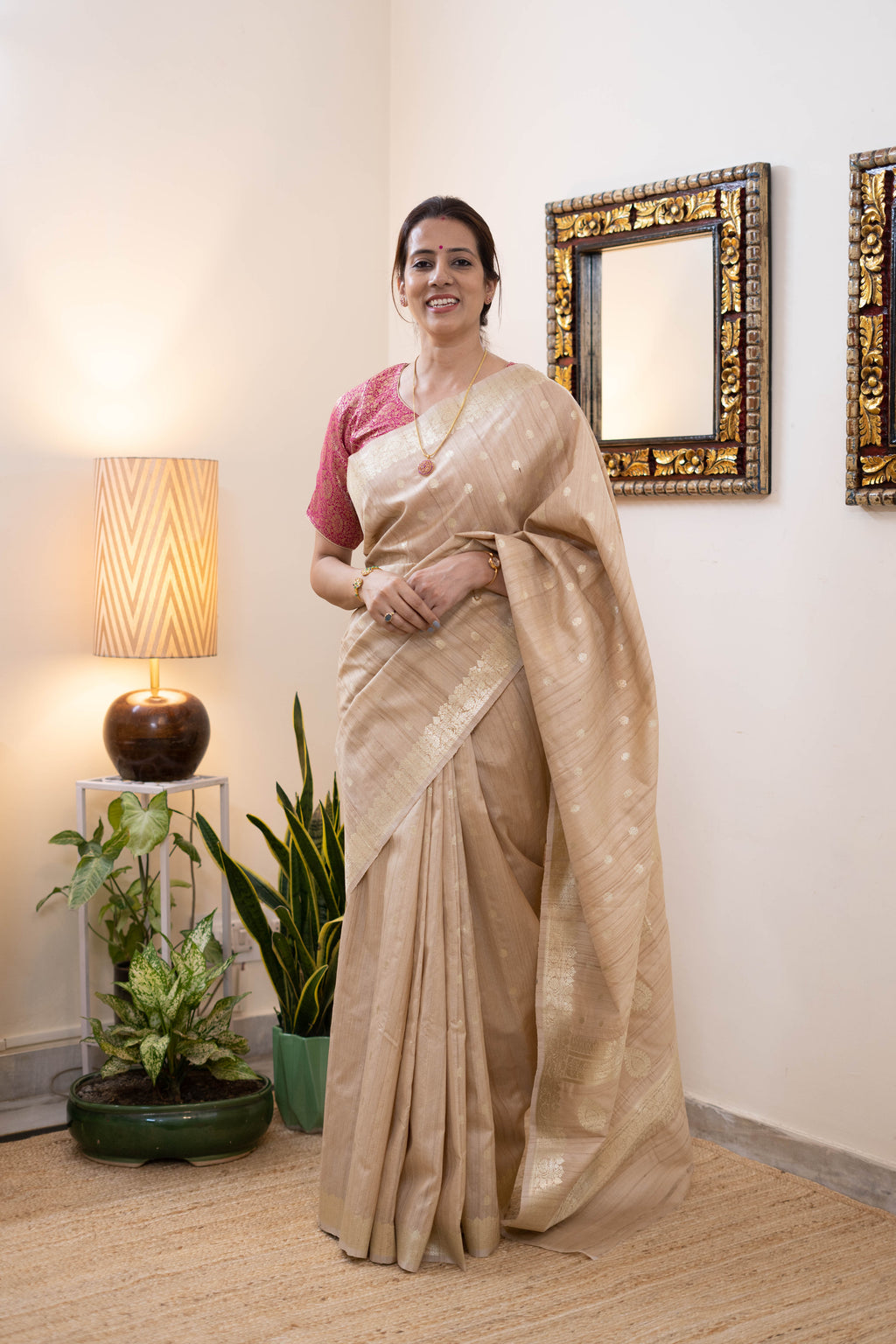 Champagne Beige Handloom Tissue Silk Saree with Golden Zari Butta & Border