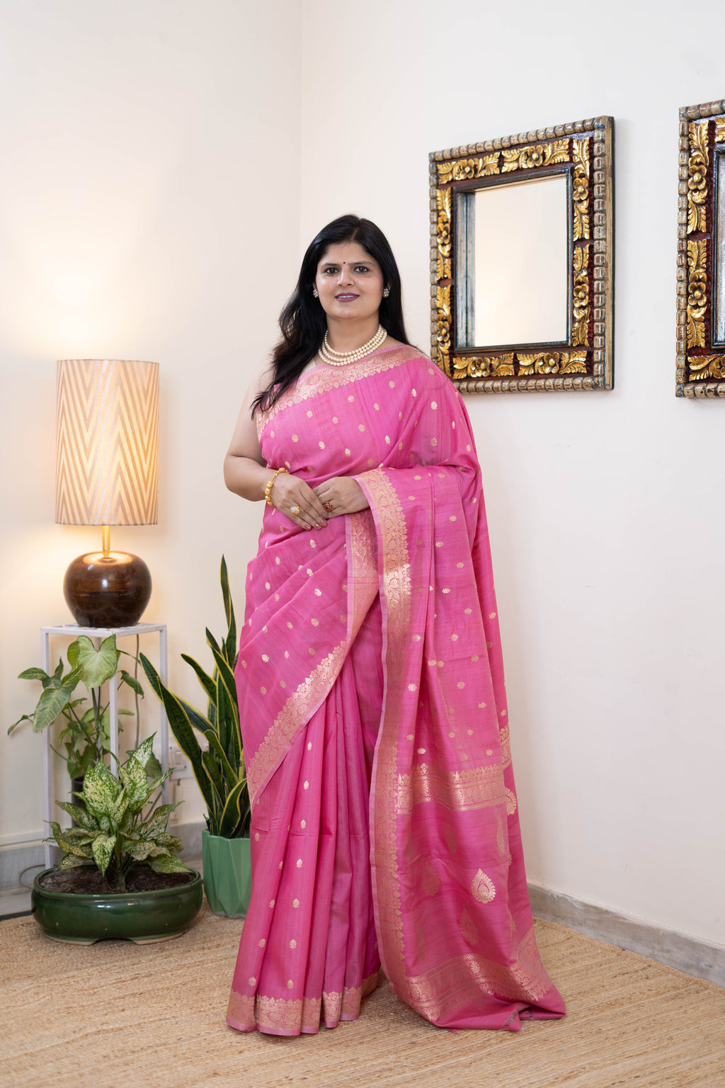 Pure Kora Silk Banarasi Saree – Hot Pink with Gold Zari Buti & Rich Border | Festive & Wedding Wear