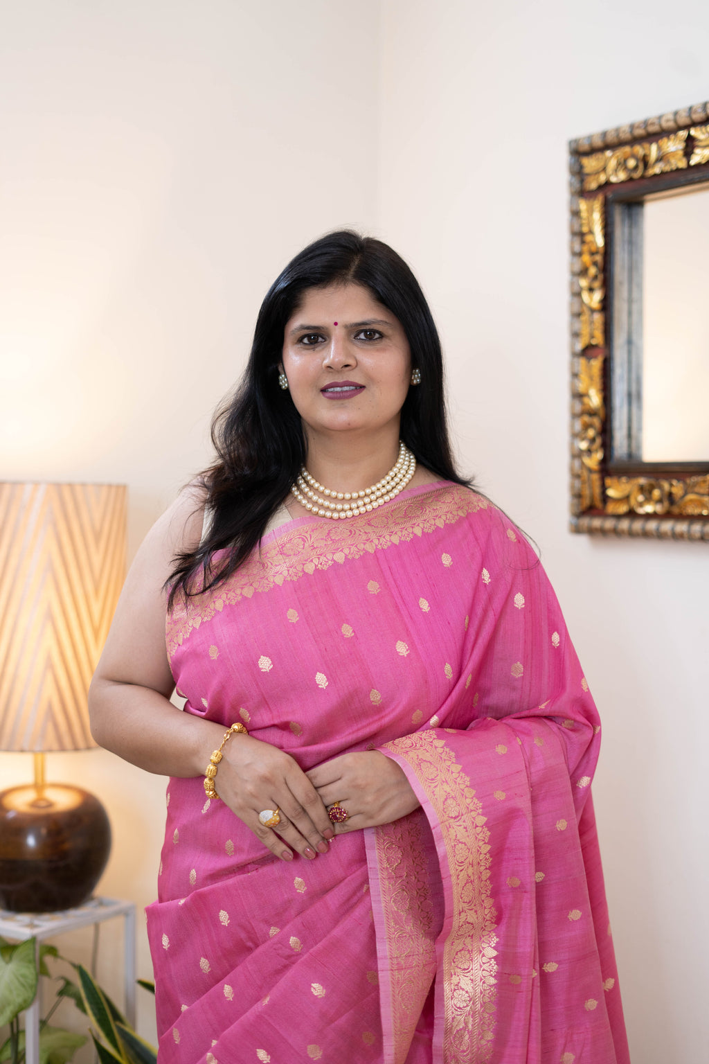 Pure Kora Silk Banarasi Saree – Hot Pink with Gold Zari Buti & Rich Border | Festive & Wedding Wear