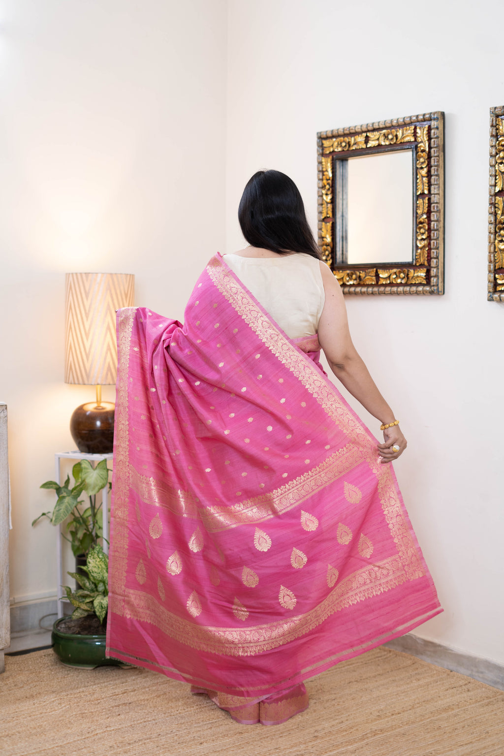 Pure Kora Silk Banarasi Saree – Hot Pink with Gold Zari Buti & Rich Border | Festive & Wedding Wear