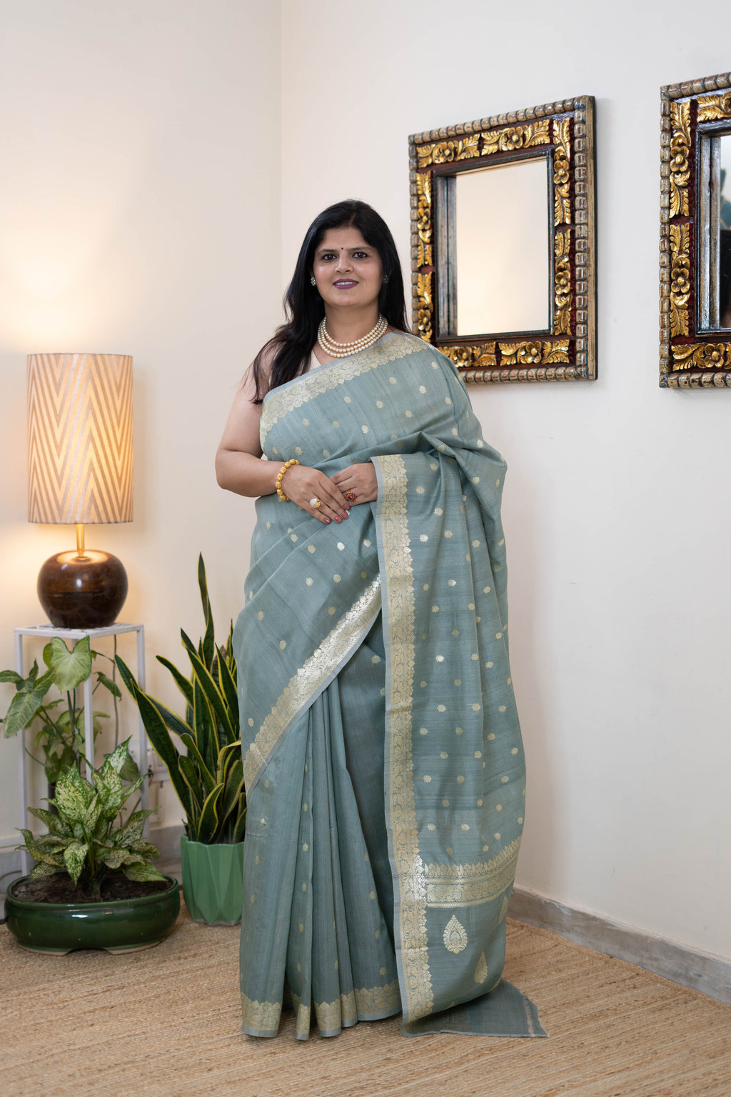 Mint Green Maheshwari Silk Saree with Golden Zari Border & Buti Weave