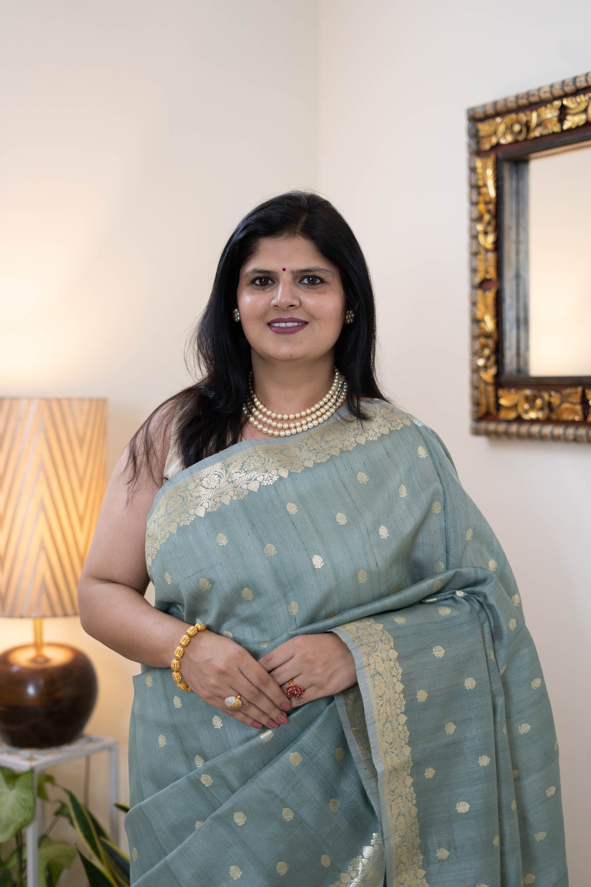 Mint Green Maheshwari Silk Saree with Golden Zari Border & Buti Weave