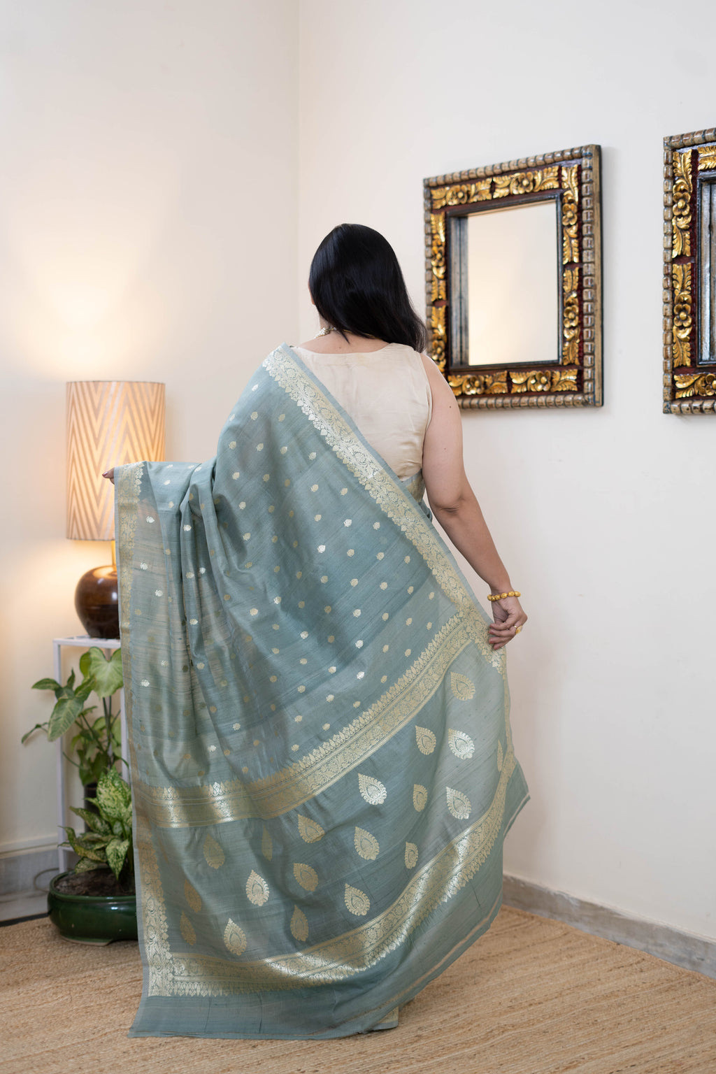 Mint Green Maheshwari Silk Saree with Golden Zari Border & Buti Weave