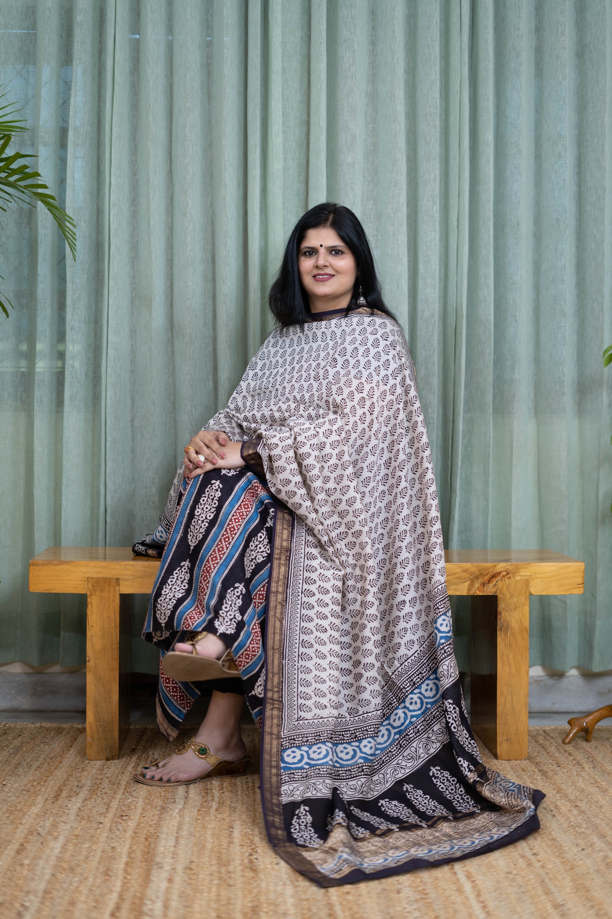 Pure Cotton Bagh Handblock Printed Suit Set with Mul Cotton Dupatta – Black & White