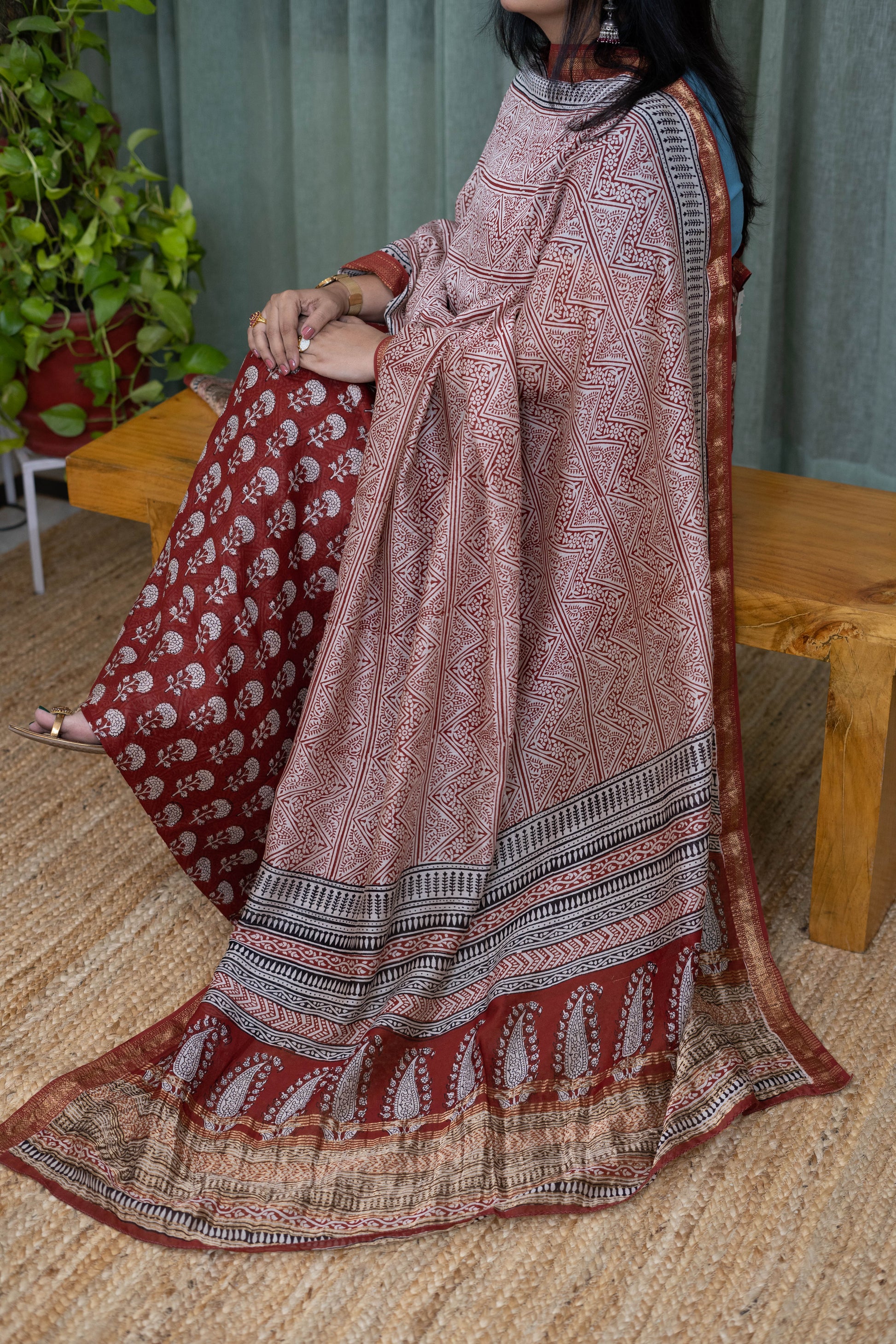 Bagh Handblock Printed Cotton Suit Set – Maroon Zigzag & Floral Combination