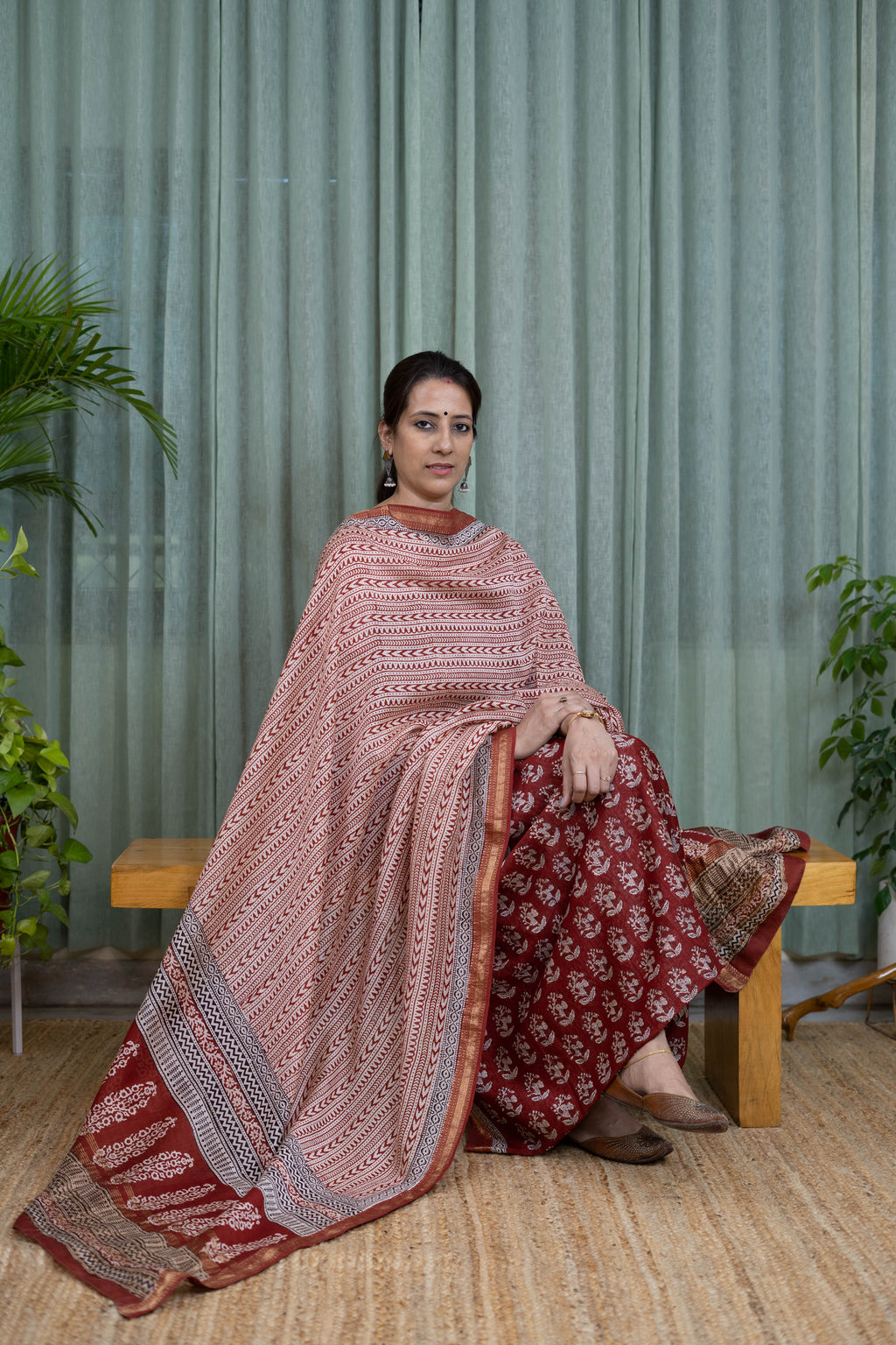 Bagh Handblock Printed Cotton Suit Set – Maroon & Beige Traditional Pattern