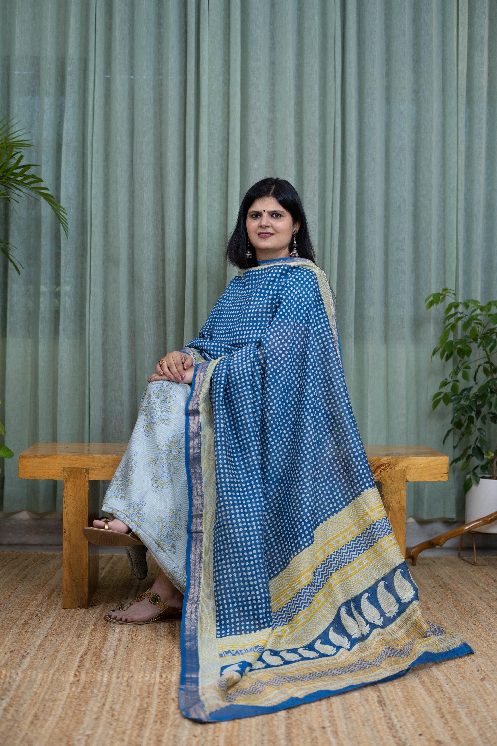 Bagh Handblock Printed Cotton Suit Set – Blue & Yellow Dabu Style Pattern