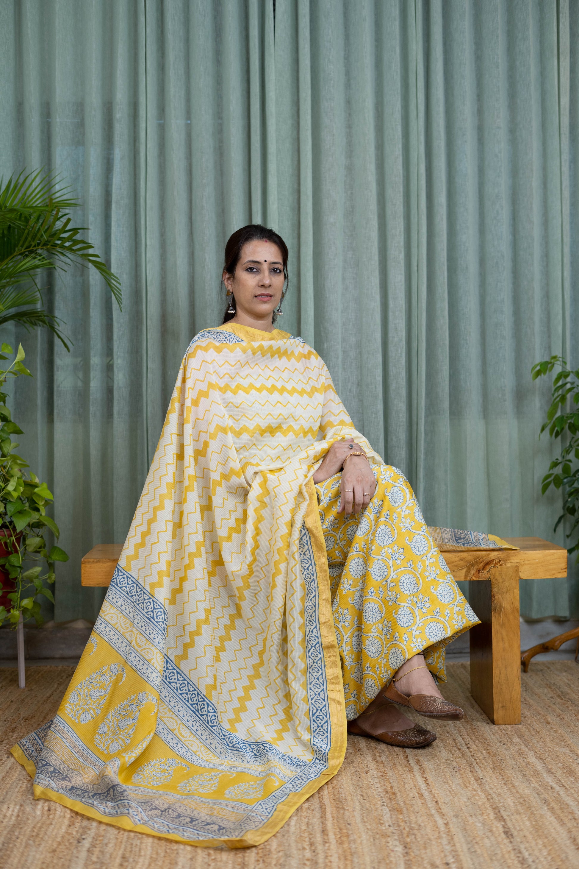 Yellow Handblock Bagh Print Cotton Suit Set (Soft Mul Dupatta | Pure Cotton)