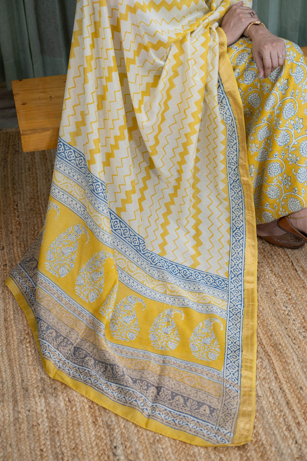 Yellow Handblock Bagh Print Cotton Suit Set (Soft Mul Dupatta | Pure Cotton)