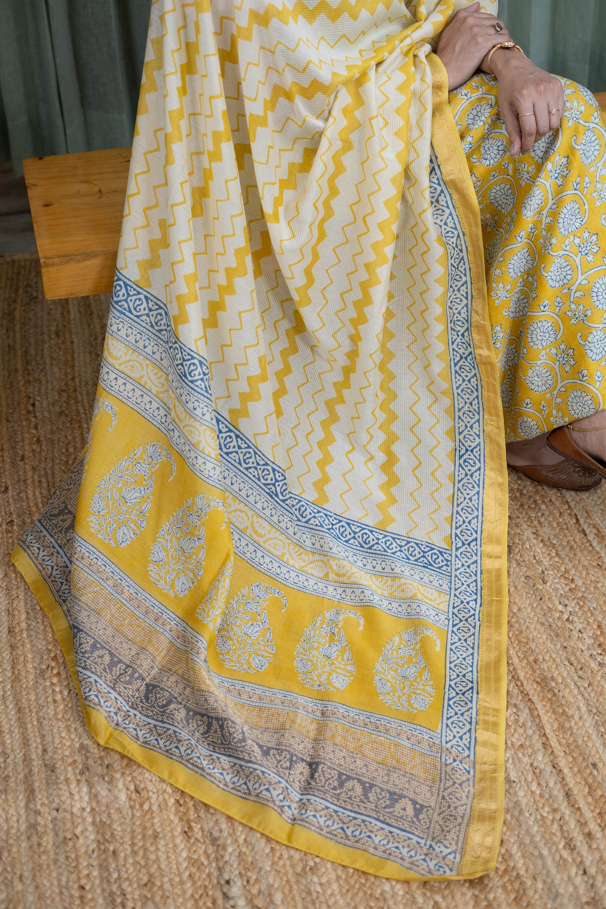 Yellow Handblock Bagh Print Cotton Suit Set (Soft Mul Dupatta | Pure Cotton)