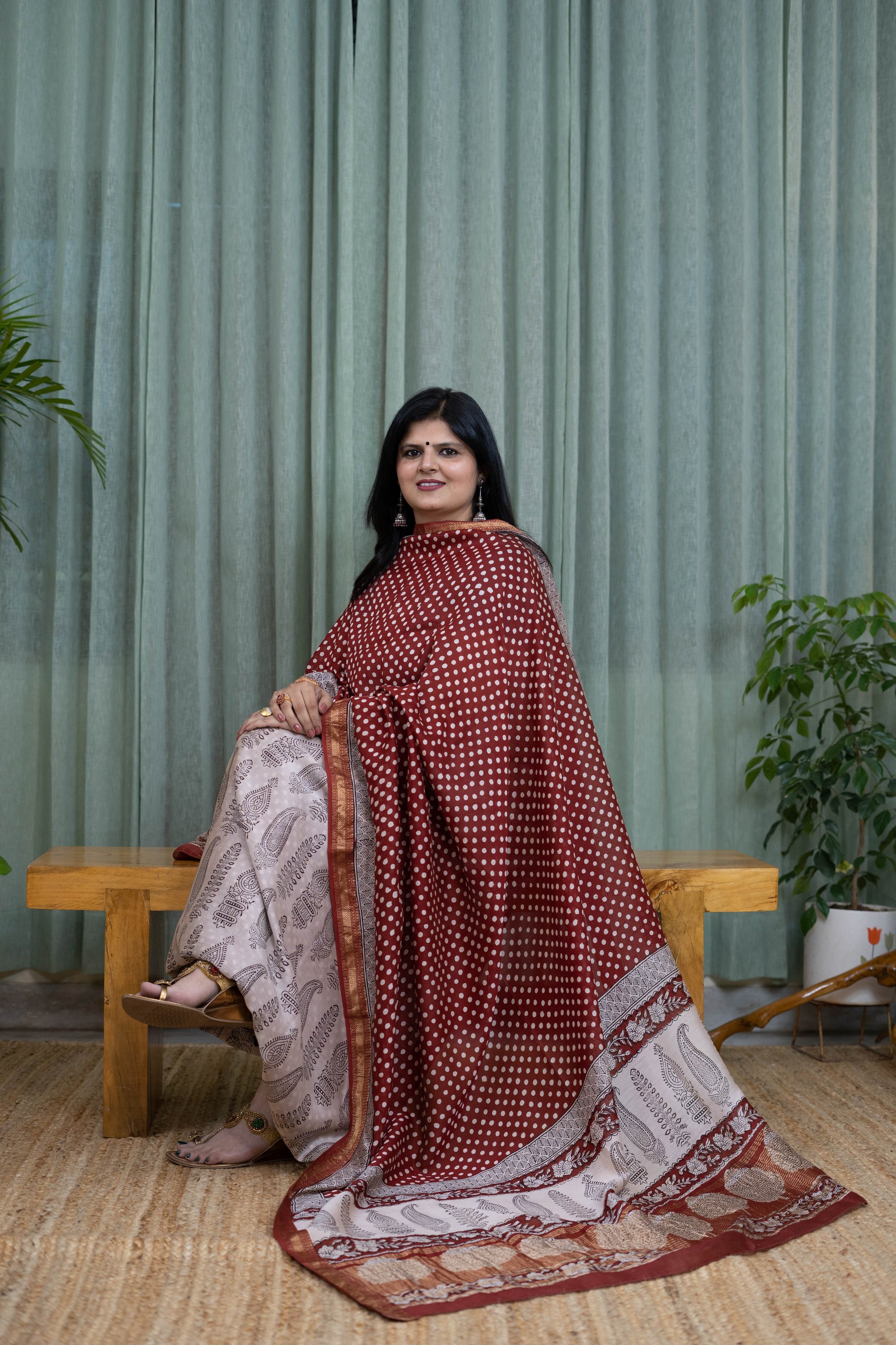 Handcrafted Maroon Bagh Print Cotton Suit Set – Dabu Style Polka Kurta & Elegant Dupatta