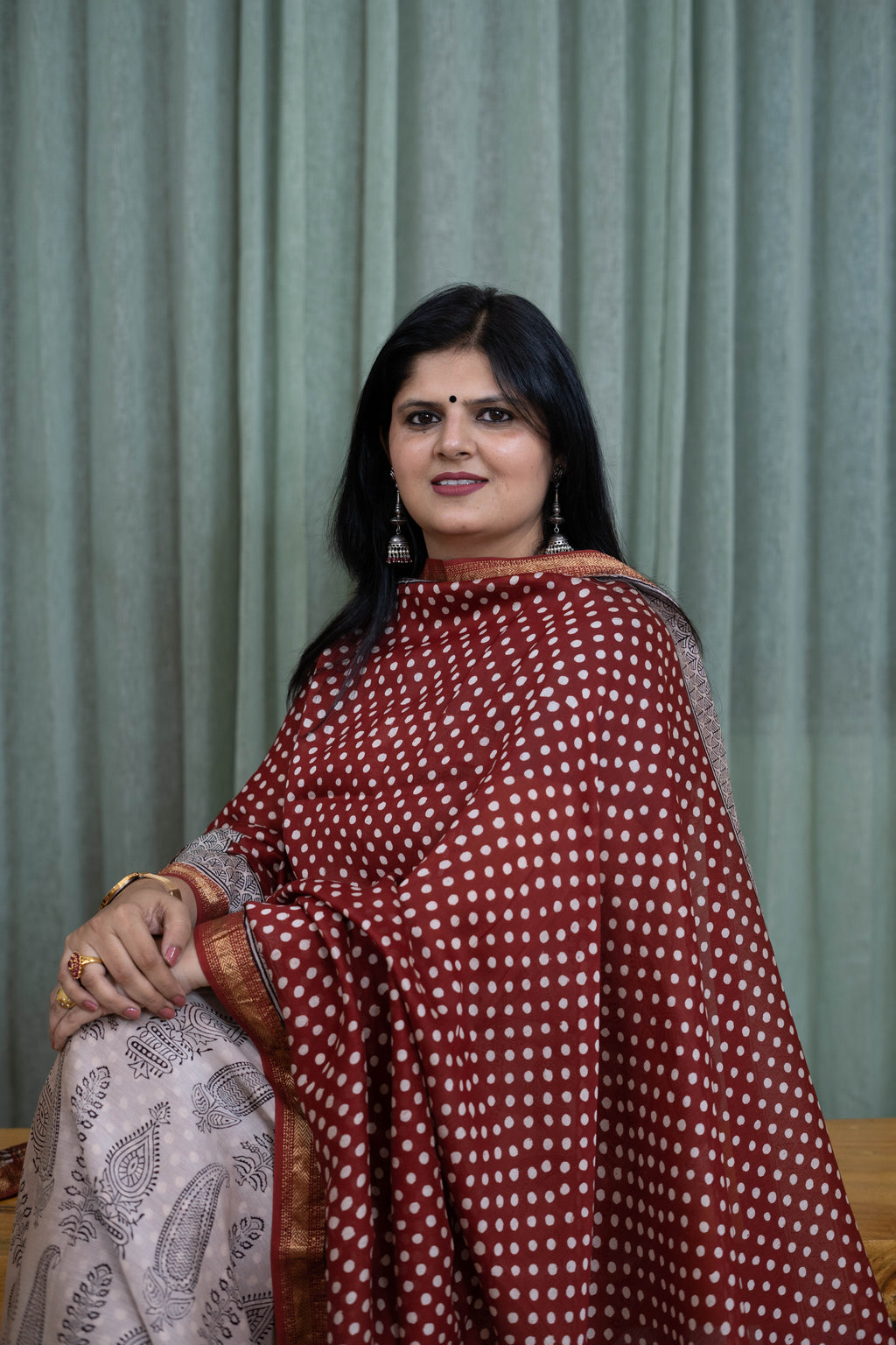 Handcrafted Maroon Bagh Print Cotton Suit Set – Dabu Style Polka Kurta & Elegant Dupatta