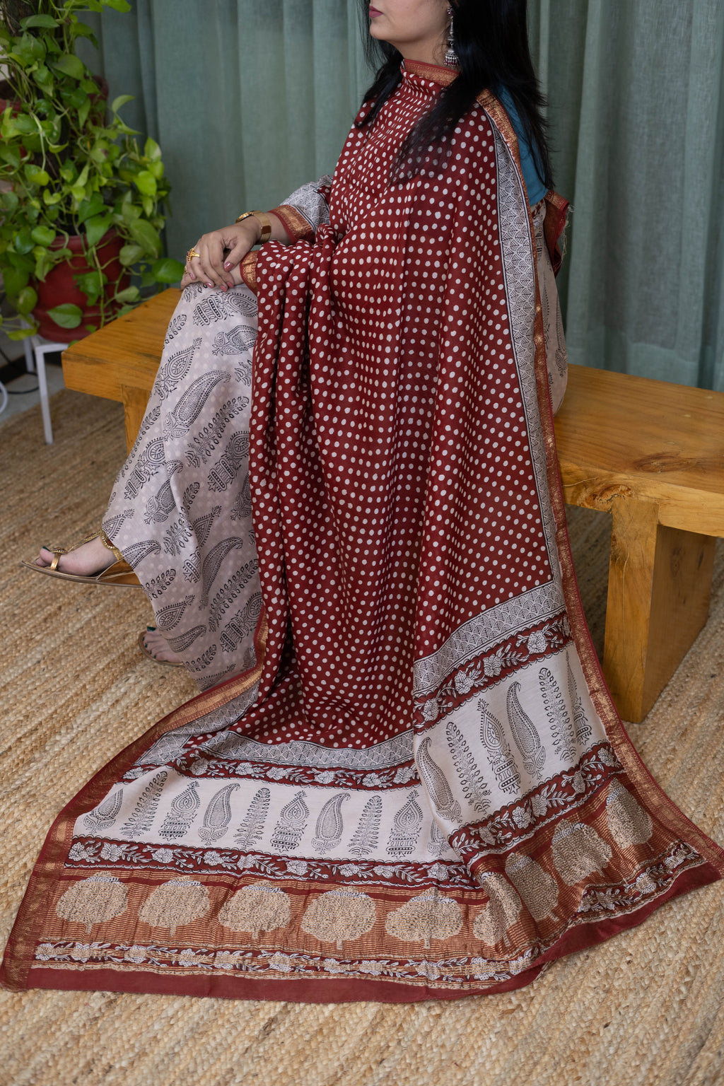 Handcrafted Maroon Bagh Print Cotton Suit Set – Dabu Style Polka Kurta & Elegant Dupatta