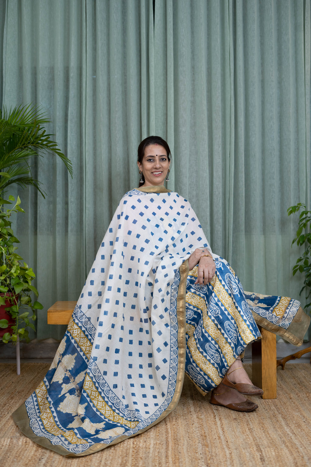 Handblock Indigo & Mustard Bagh Cotton Suit Set – Elegant White Base with Gold Border