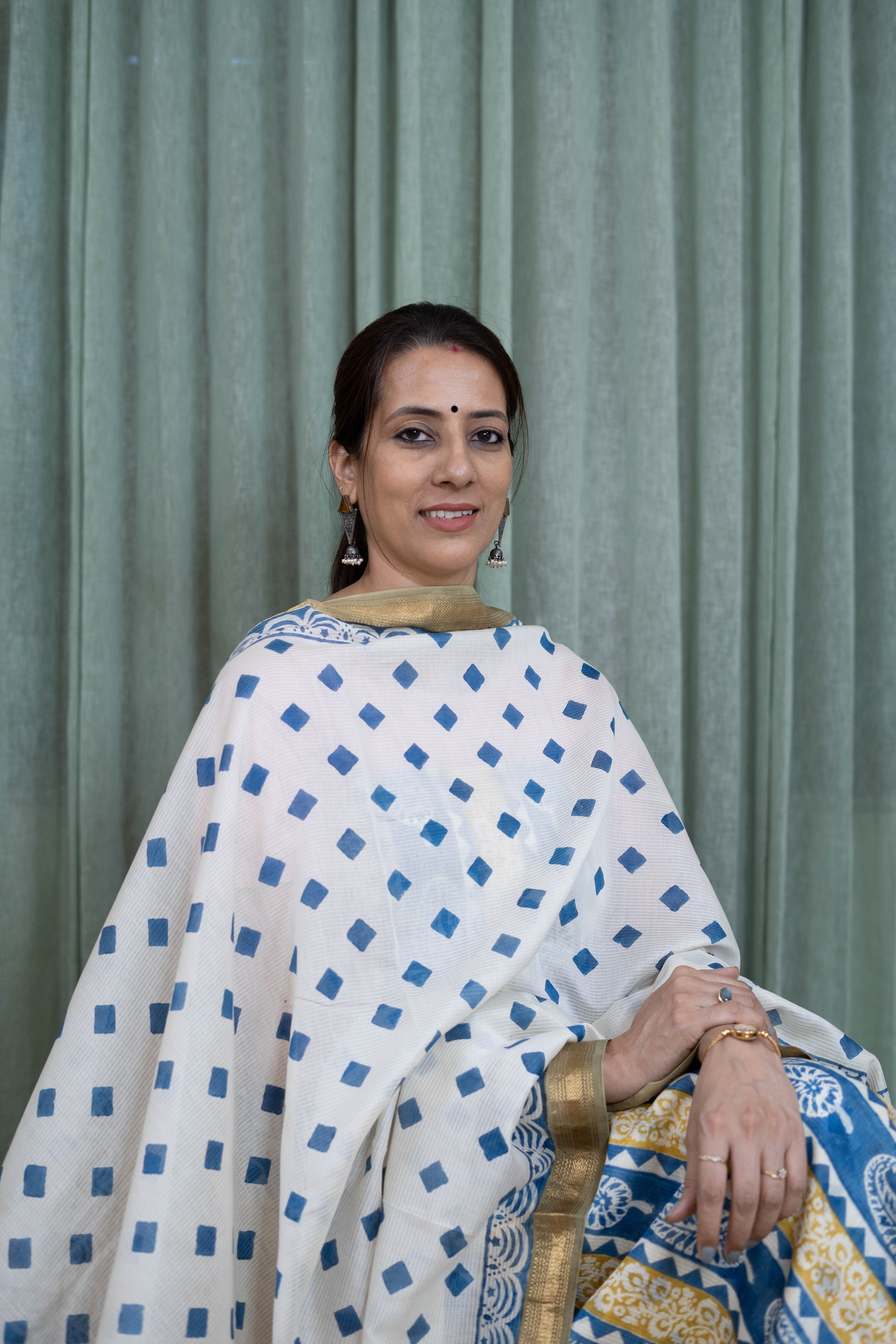 Handblock Indigo & Mustard Bagh Cotton Suit Set – Elegant White Base with Gold Border