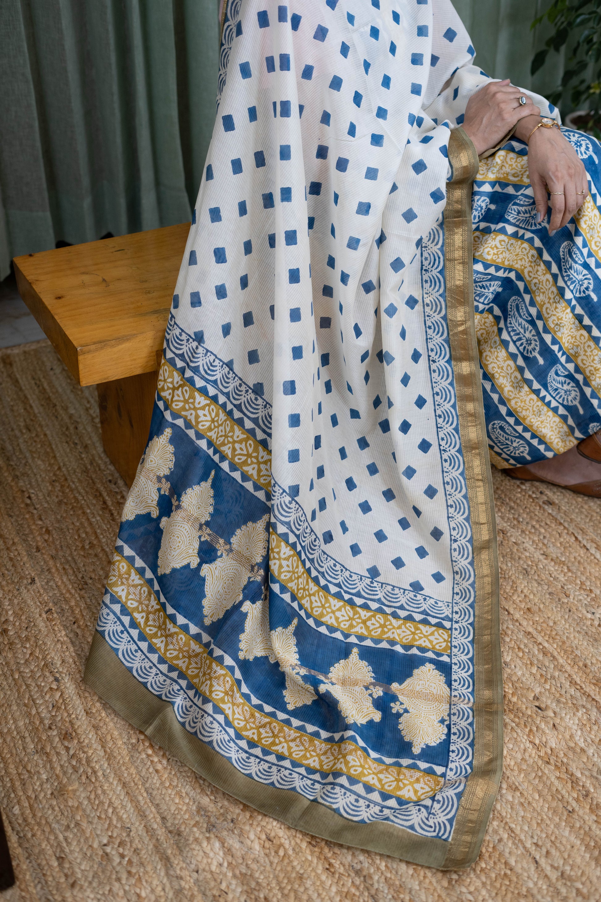 Handblock Indigo & Mustard Bagh Cotton Suit Set – Elegant White Base with Gold Border