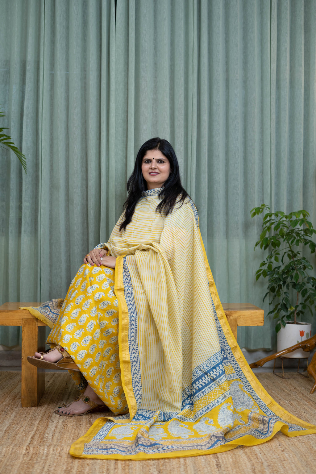 Handblock Yellow Bagh Cotton Suit Set – Soft Striped Kurta & Paisley Dupatta