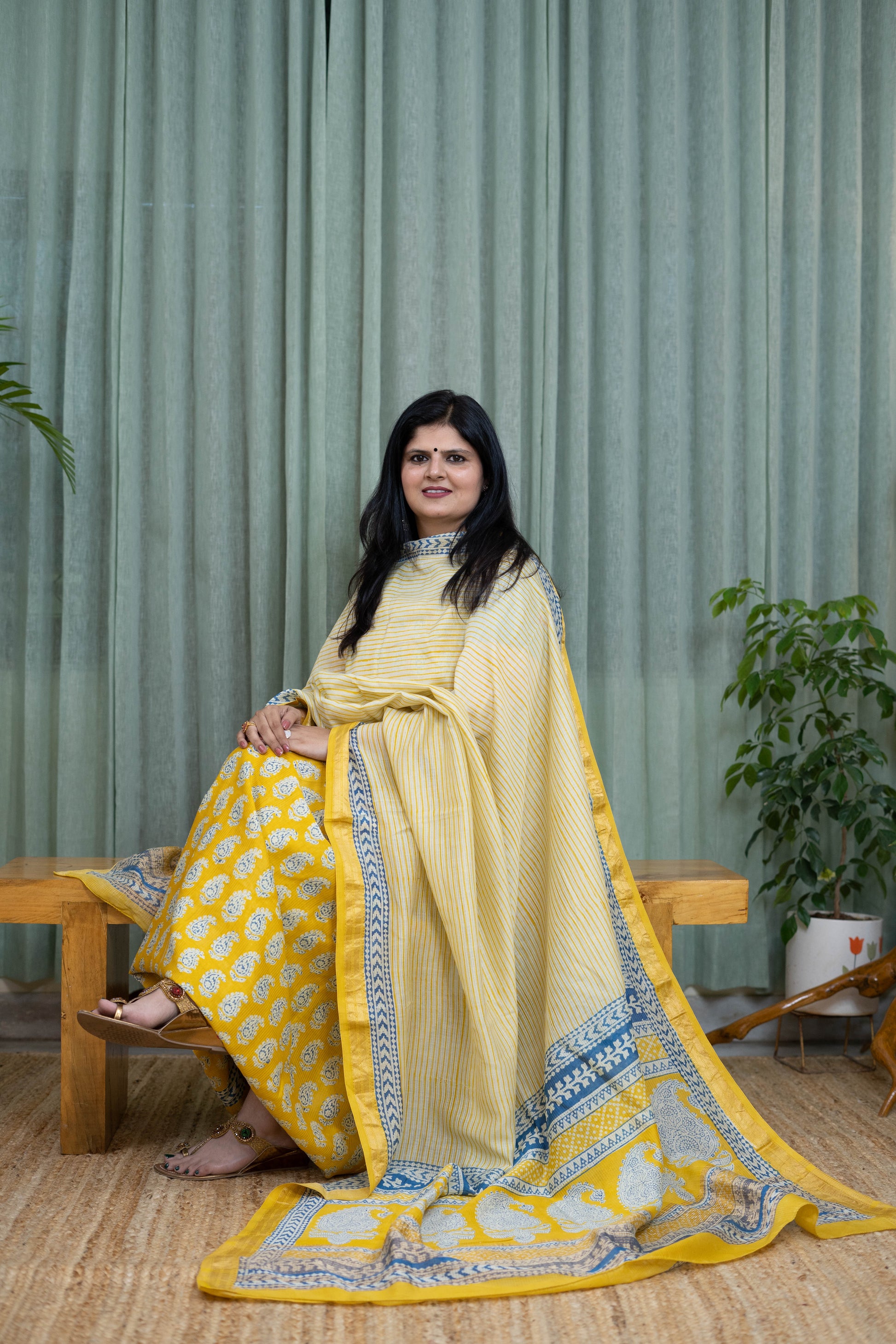 Handblock Yellow Bagh Cotton Suit Set – Soft Striped Kurta & Paisley Dupatta