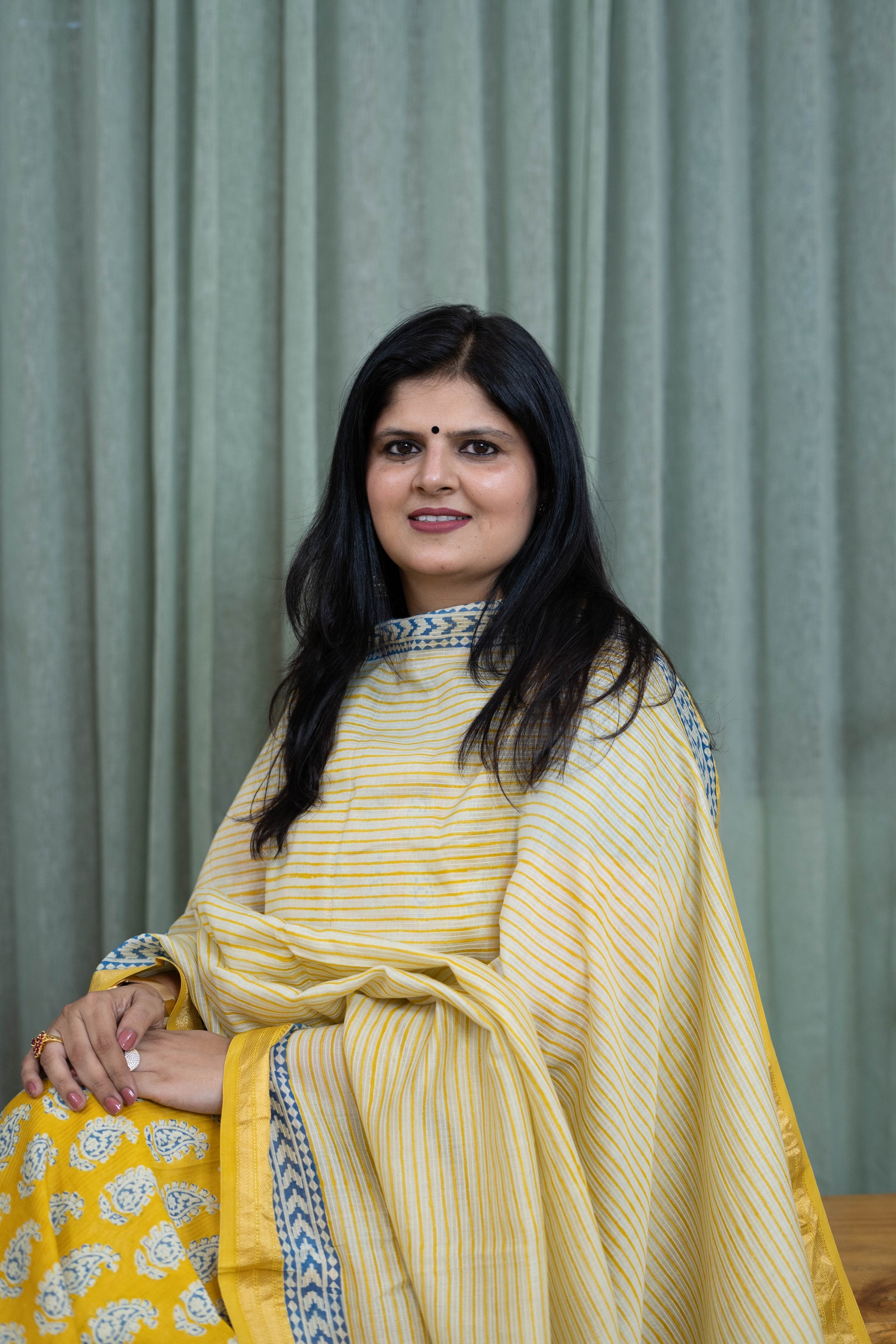 Handblock Yellow Bagh Cotton Suit Set – Soft Striped Kurta & Paisley Dupatta