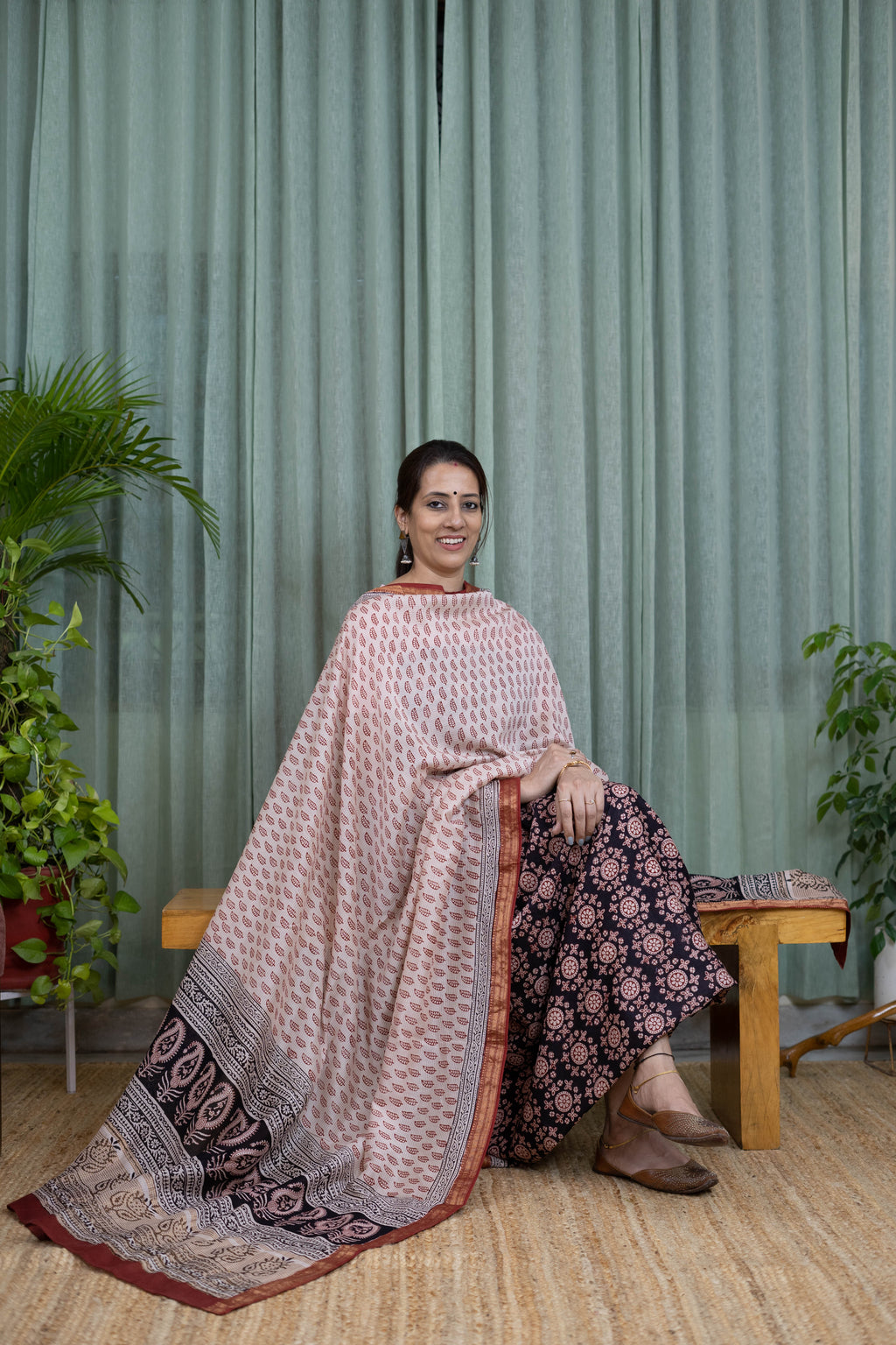 Handblock Bagh Cotton Suit Set – Beige Kurta with Maroon Leaf Print & Black Floral Bottom