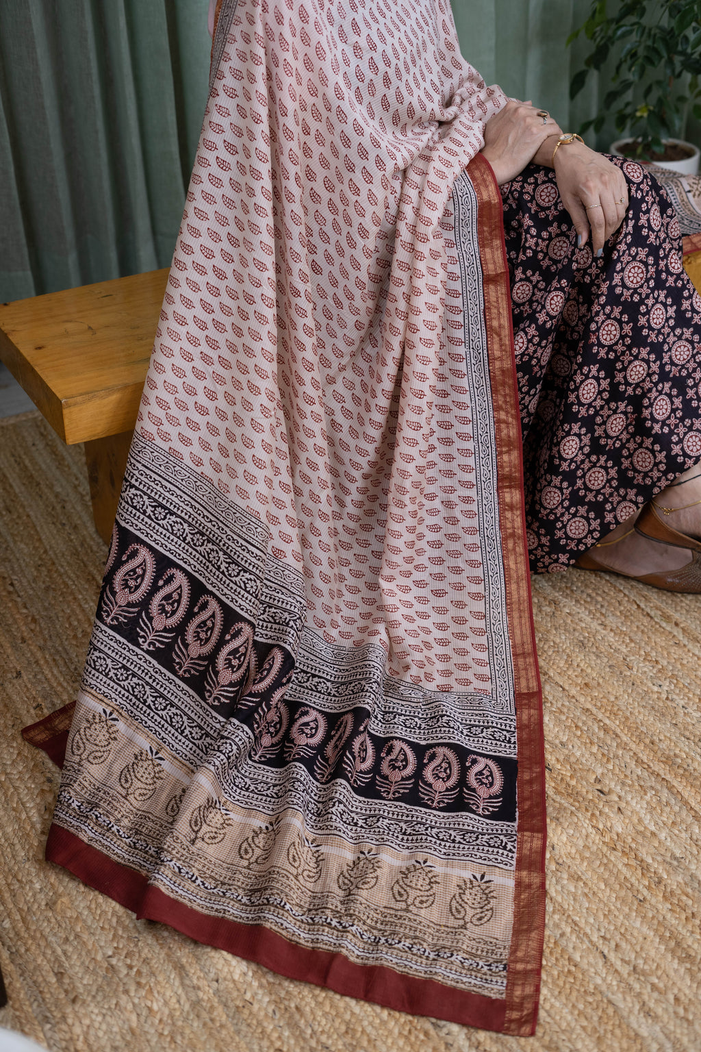 Handblock Bagh Cotton Suit Set – Beige Kurta with Maroon Leaf Print & Black Floral Bottom