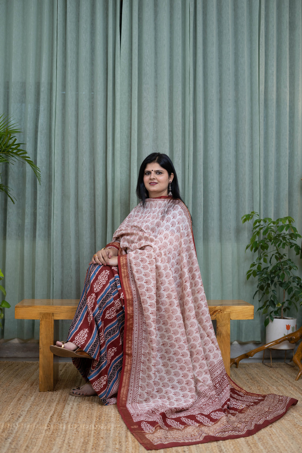 Handblock Bagh Cotton Suit Set – Beige Tree Print Kurta with Multicolour Stripe Bottom