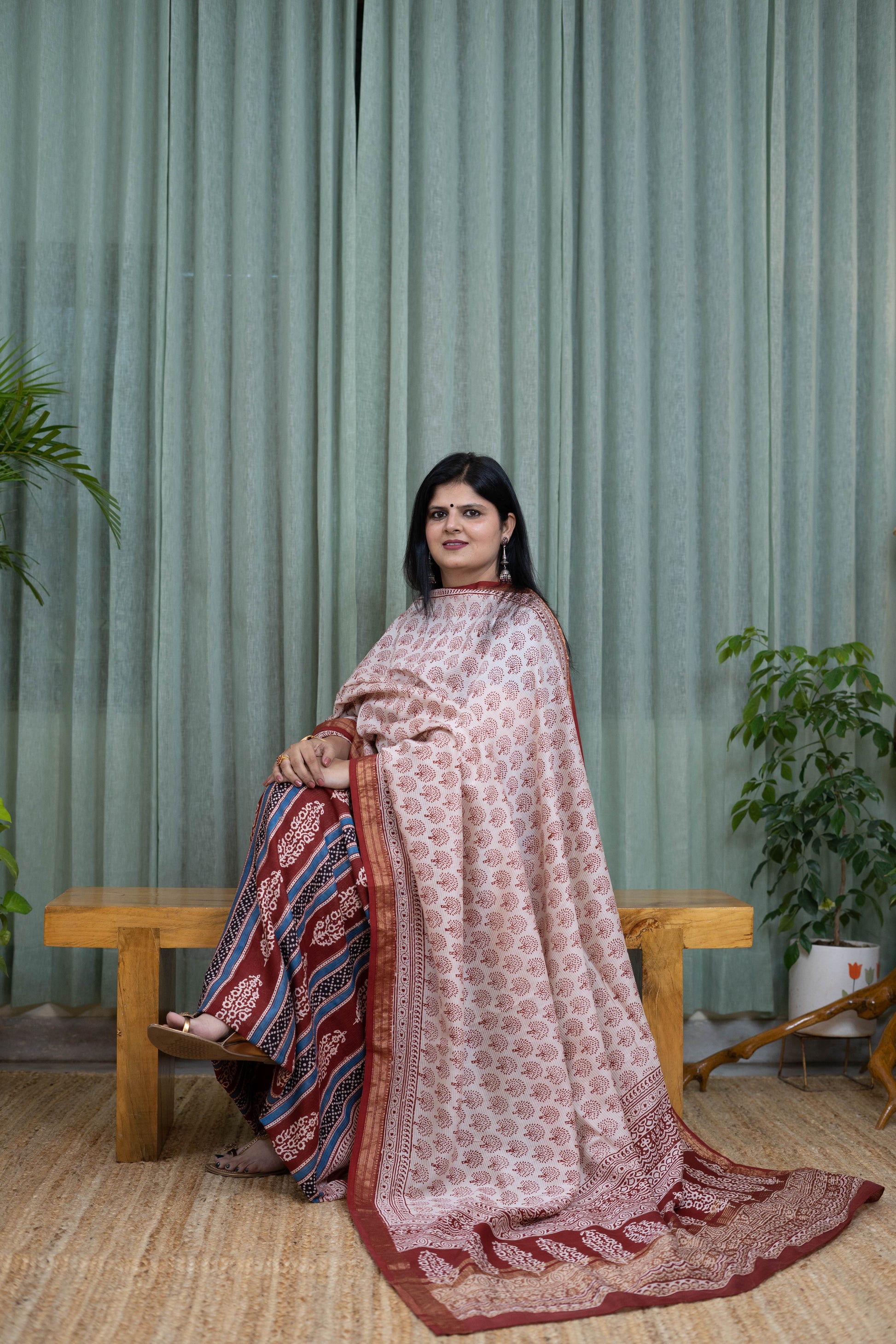 Handblock Bagh Cotton Suit Set – Beige Tree Print Kurta with Multicolour Stripe Bottom