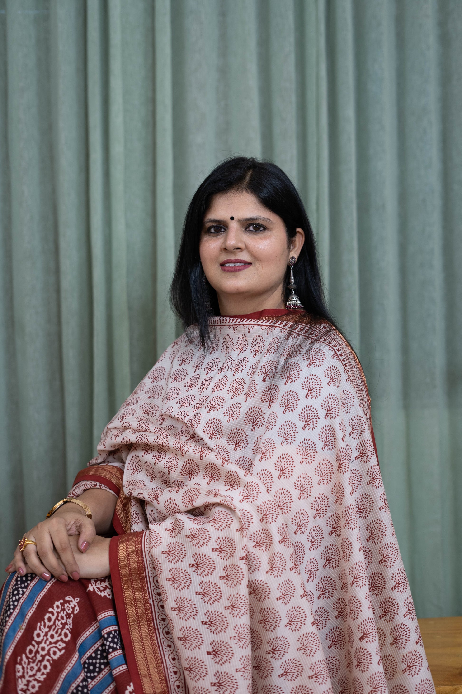 Handblock Bagh Cotton Suit Set – Beige Tree Print Kurta with Multicolour Stripe Bottom