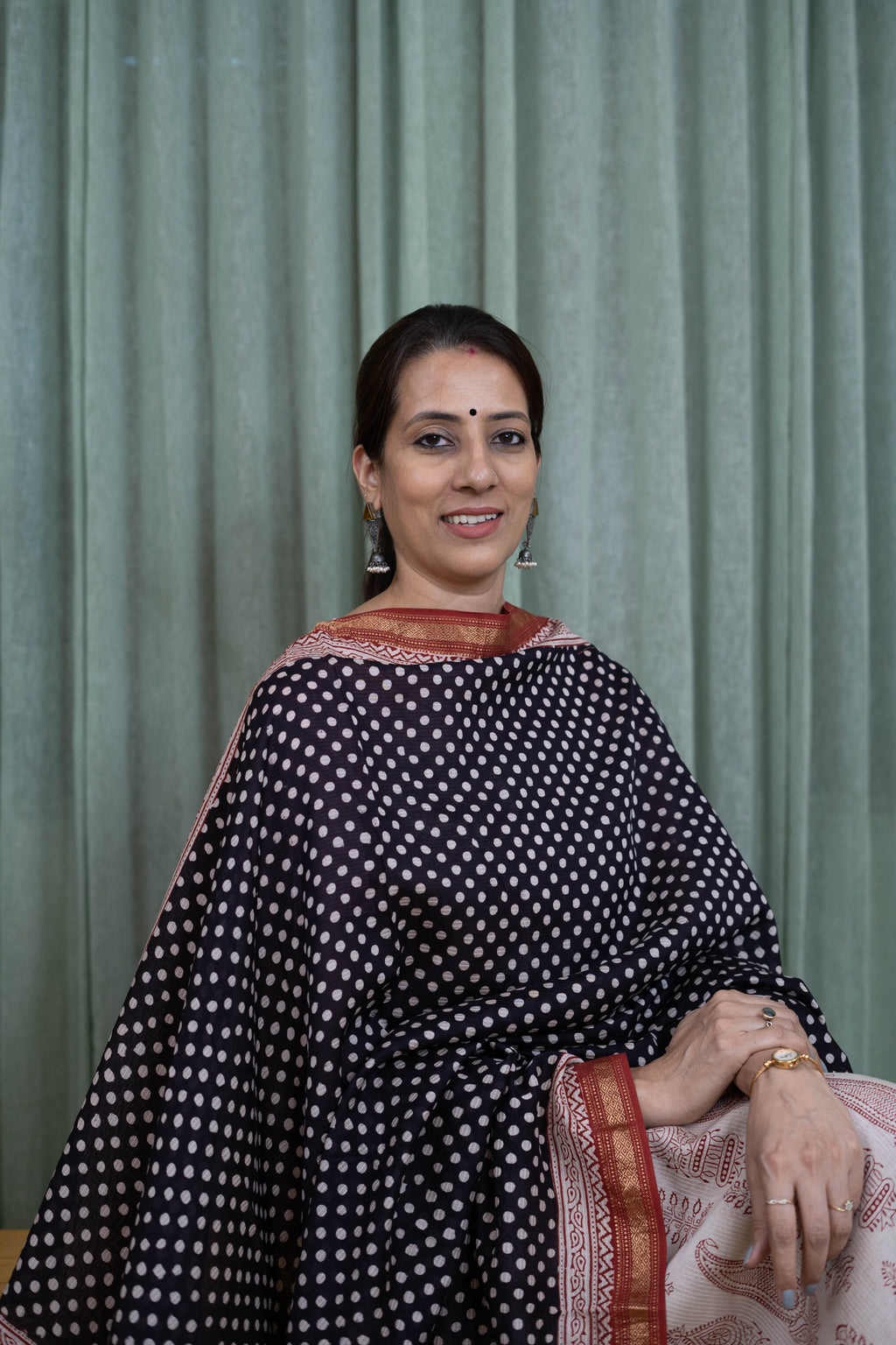 Handblock Bagh Cotton Suit Set – Black Polka Kurta with Beige Paisley Bottom