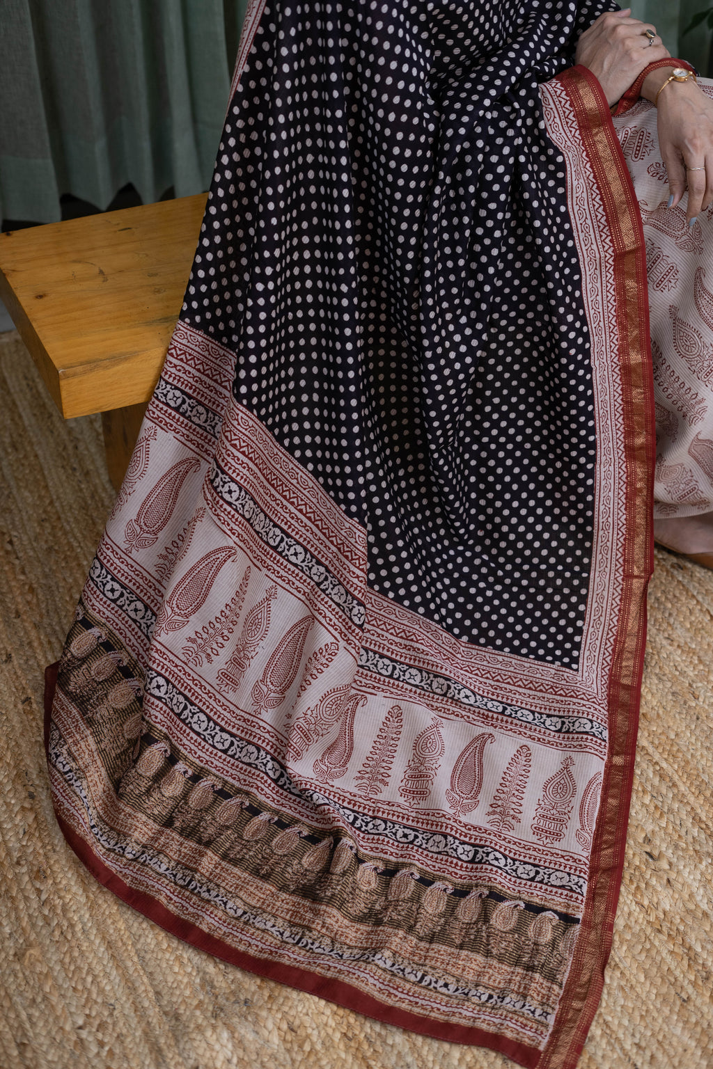 Handblock Bagh Cotton Suit Set – Black Polka Kurta with Beige Paisley Bottom