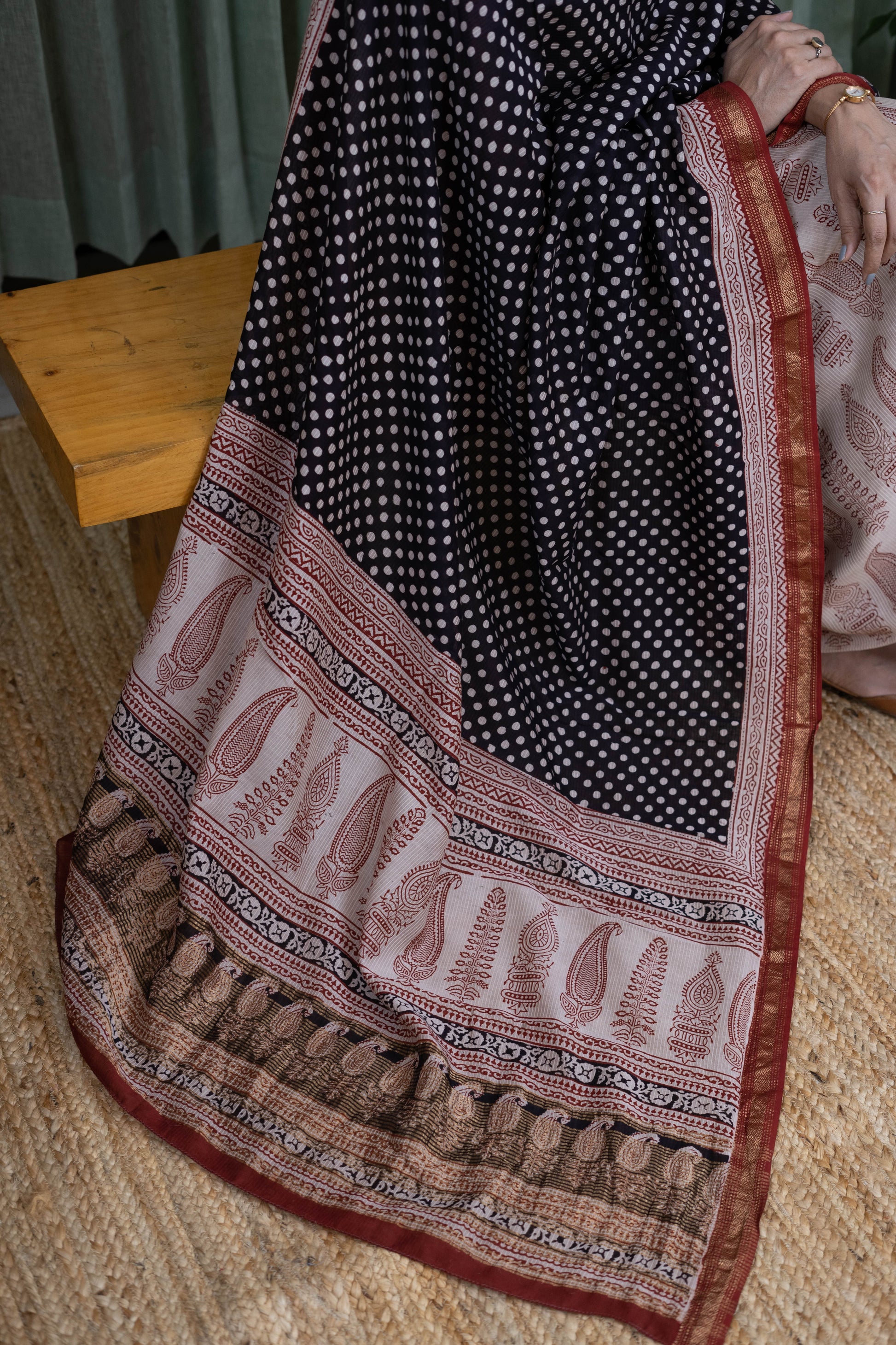 Handblock Bagh Cotton Suit Set – Black Polka Kurta with Beige Paisley Bottom