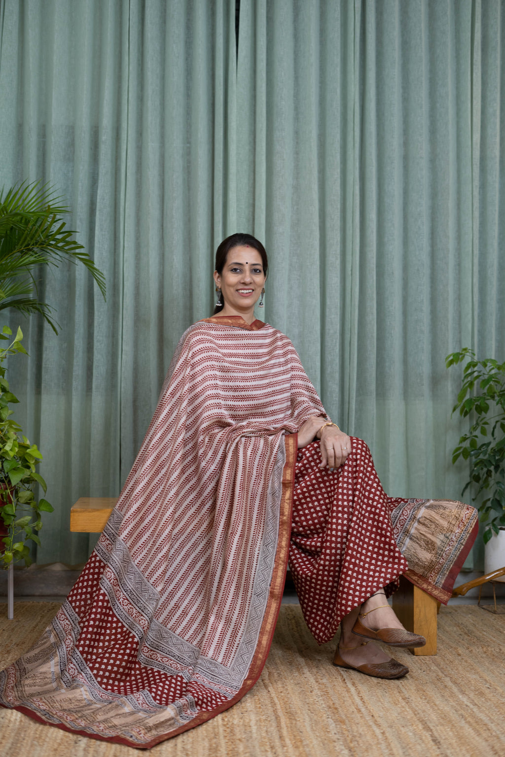 Maroon Handblock Printed Bagh Suit Set – Maheshwari Silk Fabric