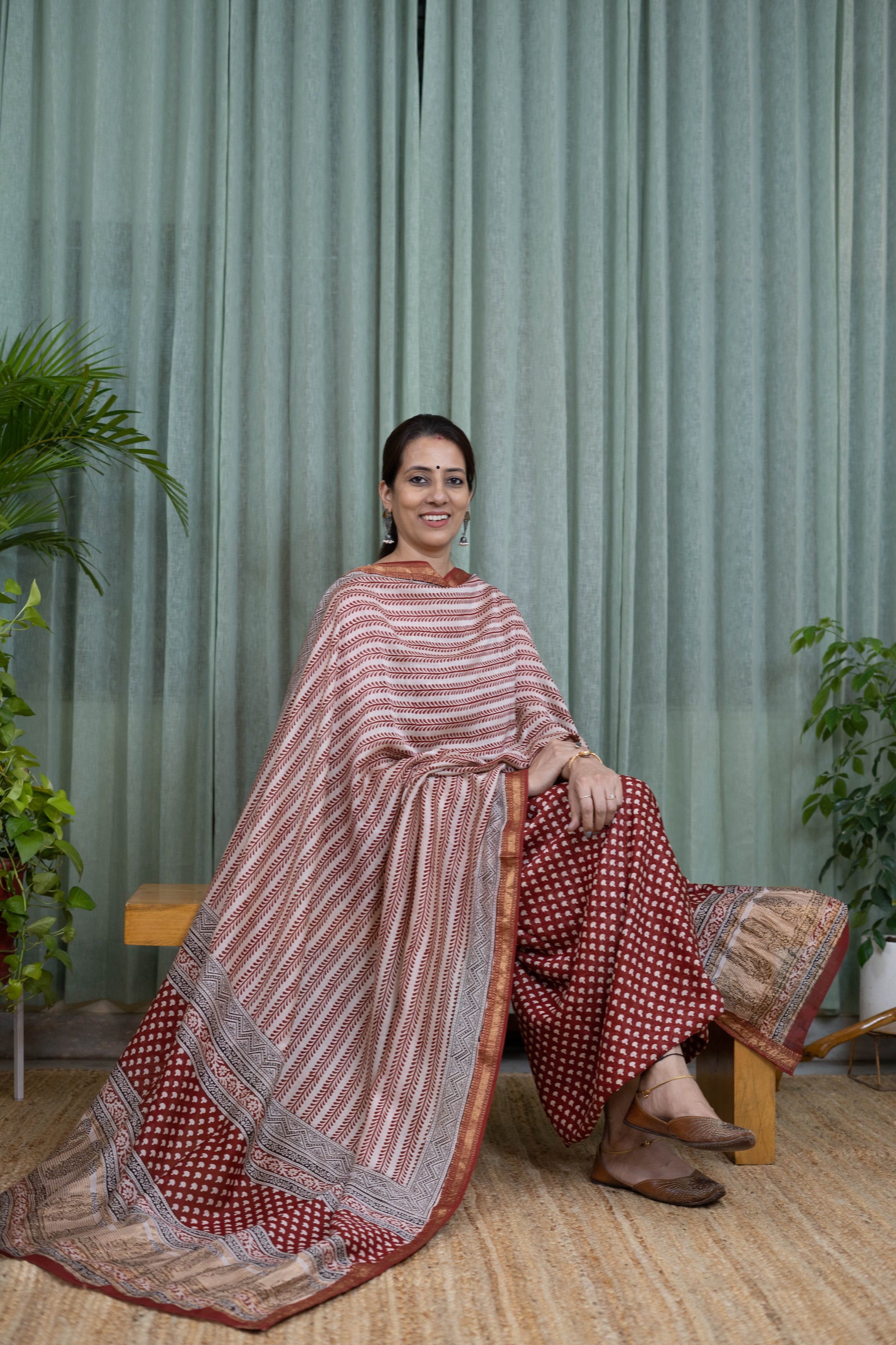 Maroon Handblock Printed Bagh Suit Set – Maheshwari Silk Fabric